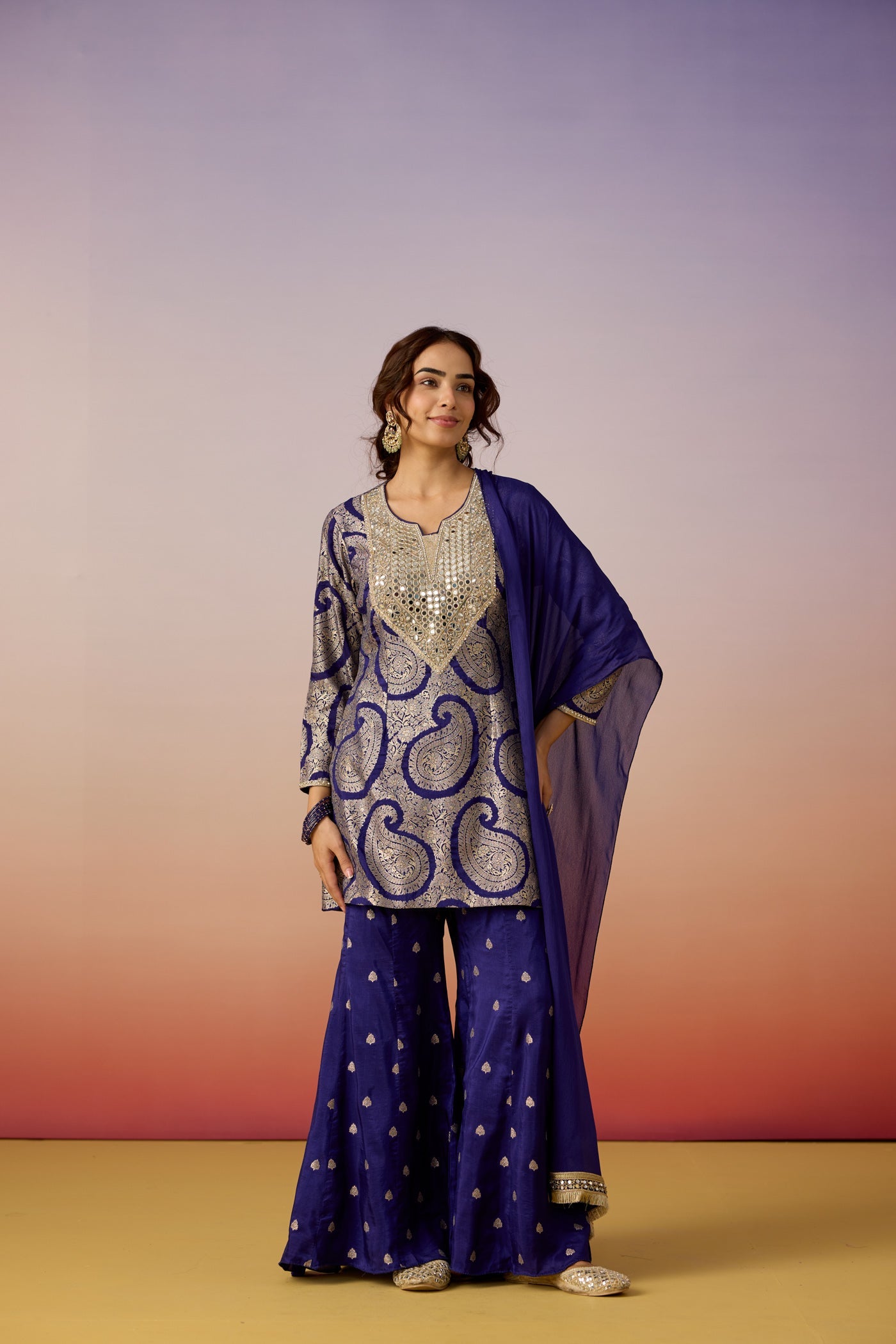 Royal Blue Embellished Brocade Silk Palazzo Set