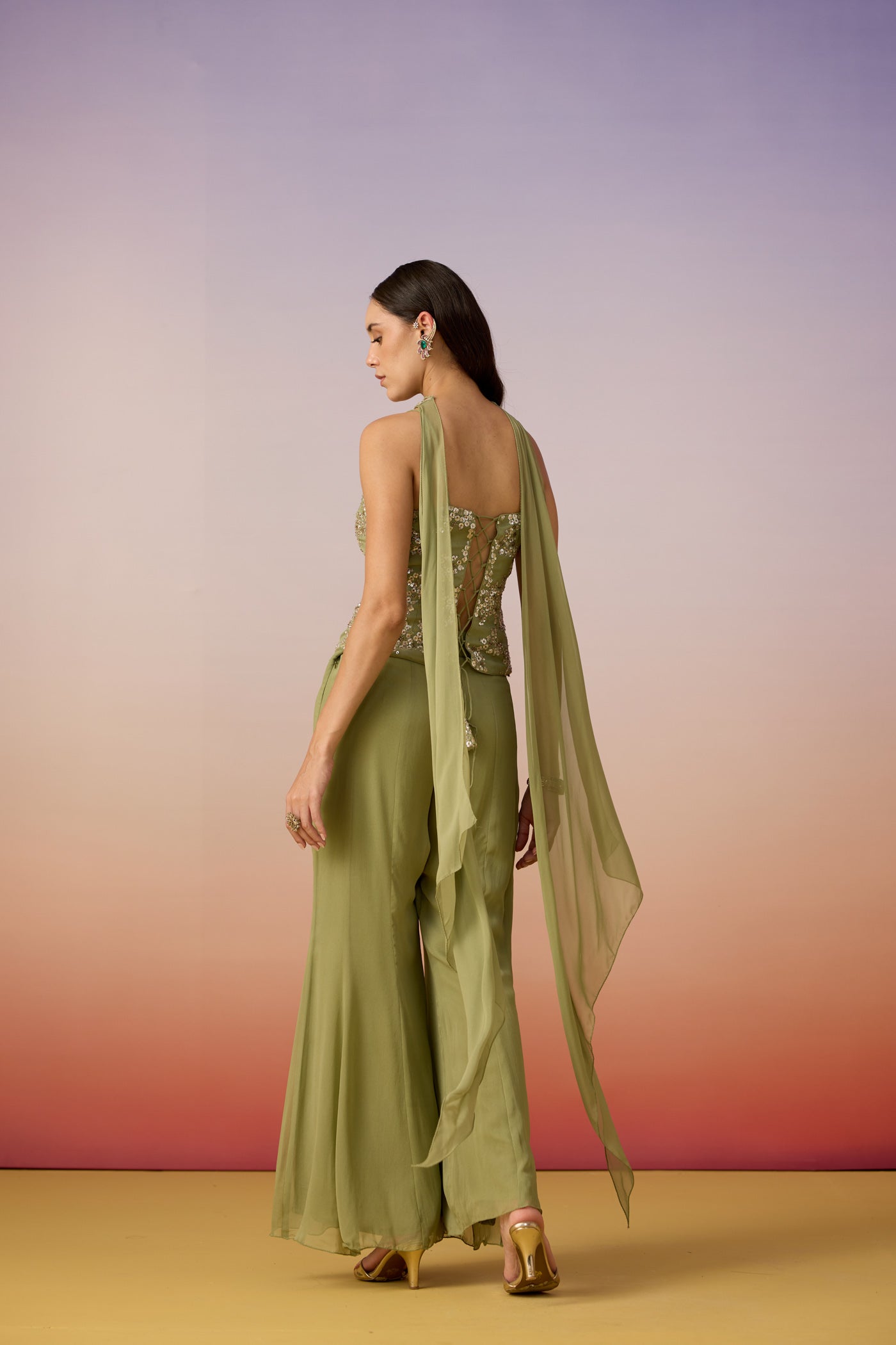 Green Pista Embellished Georgette Silk Palazzo Set