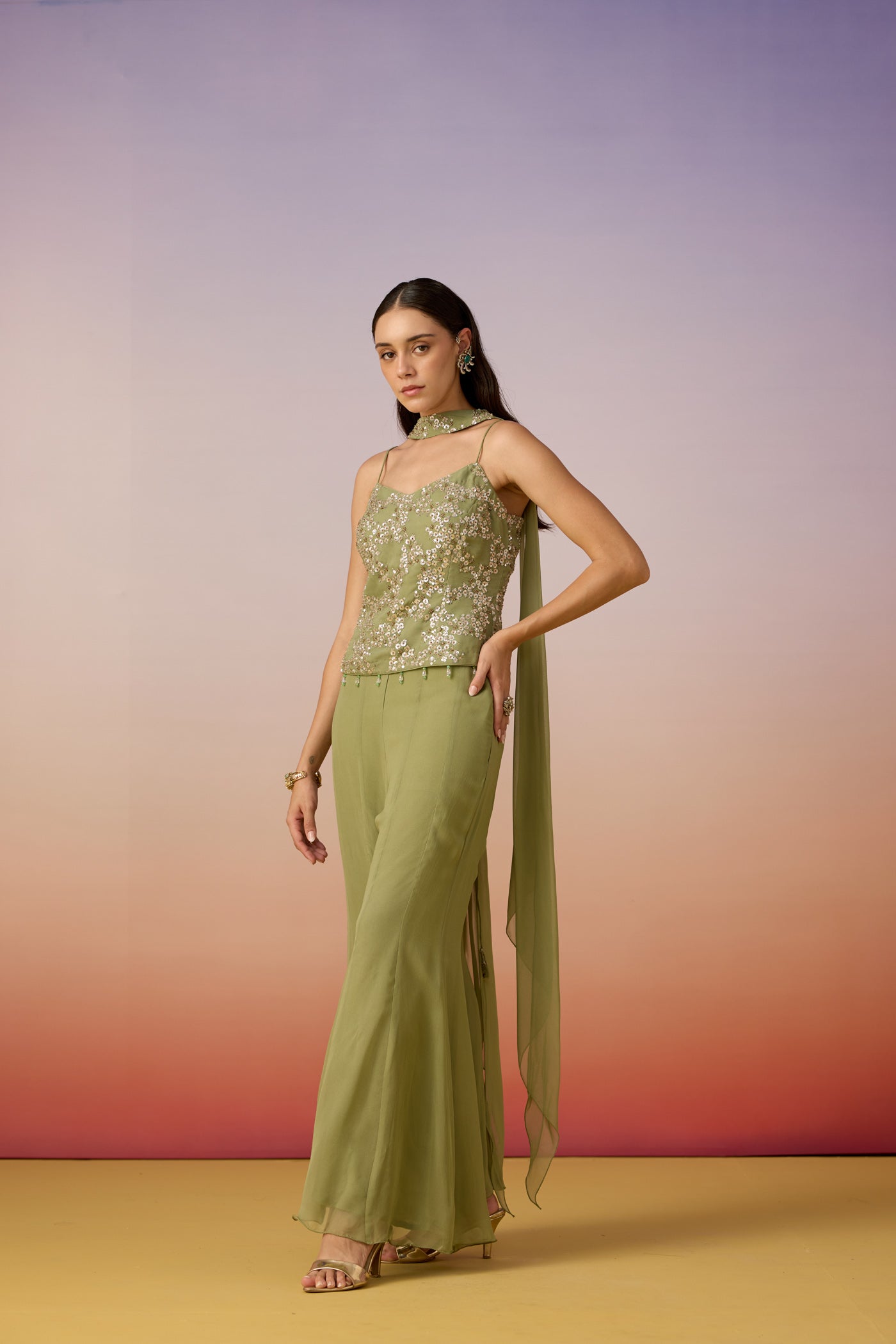 Green Pista Embellished Georgette Silk Palazzo Set