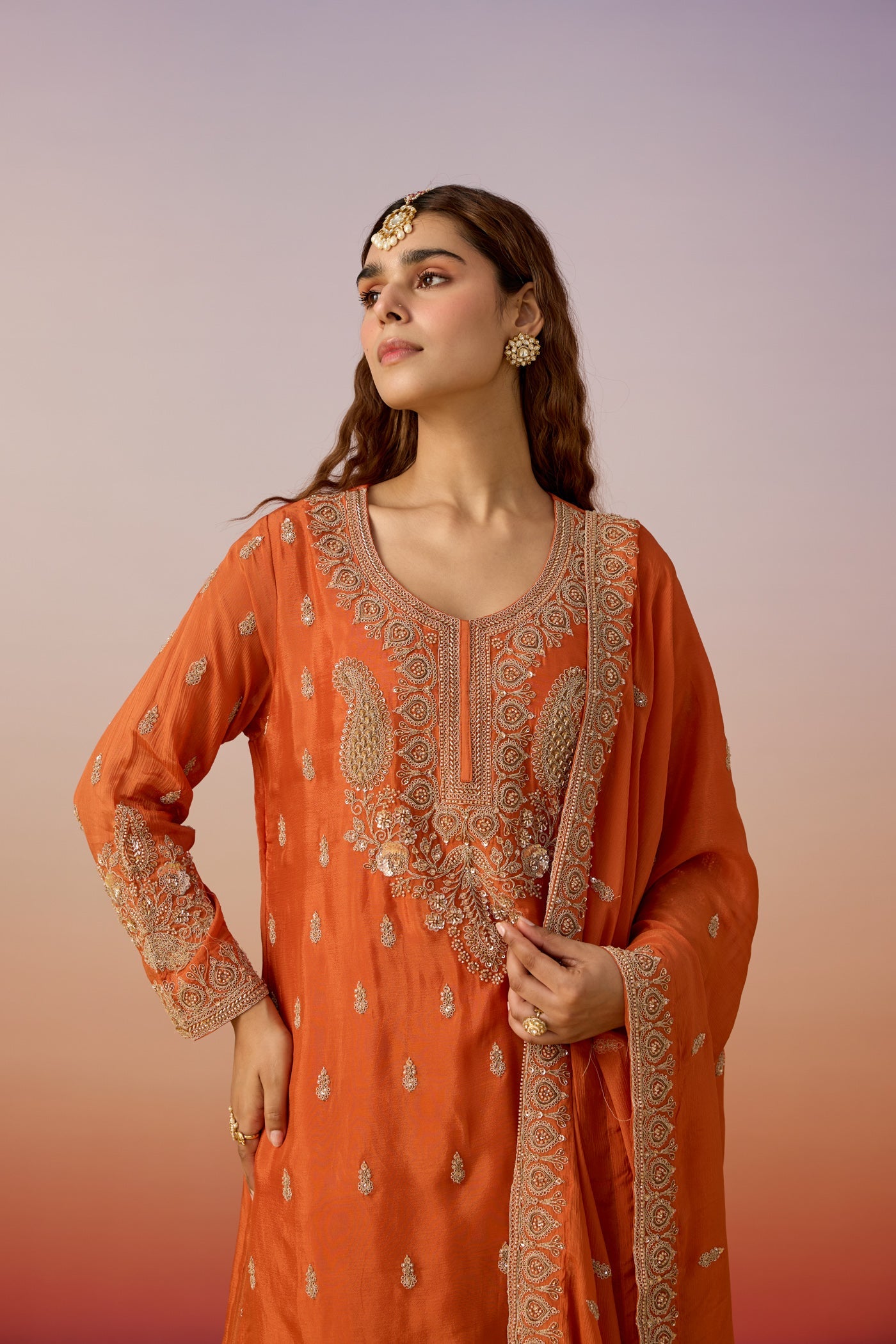 Burnt Orange Embellished Chinon Silk Sharara Set