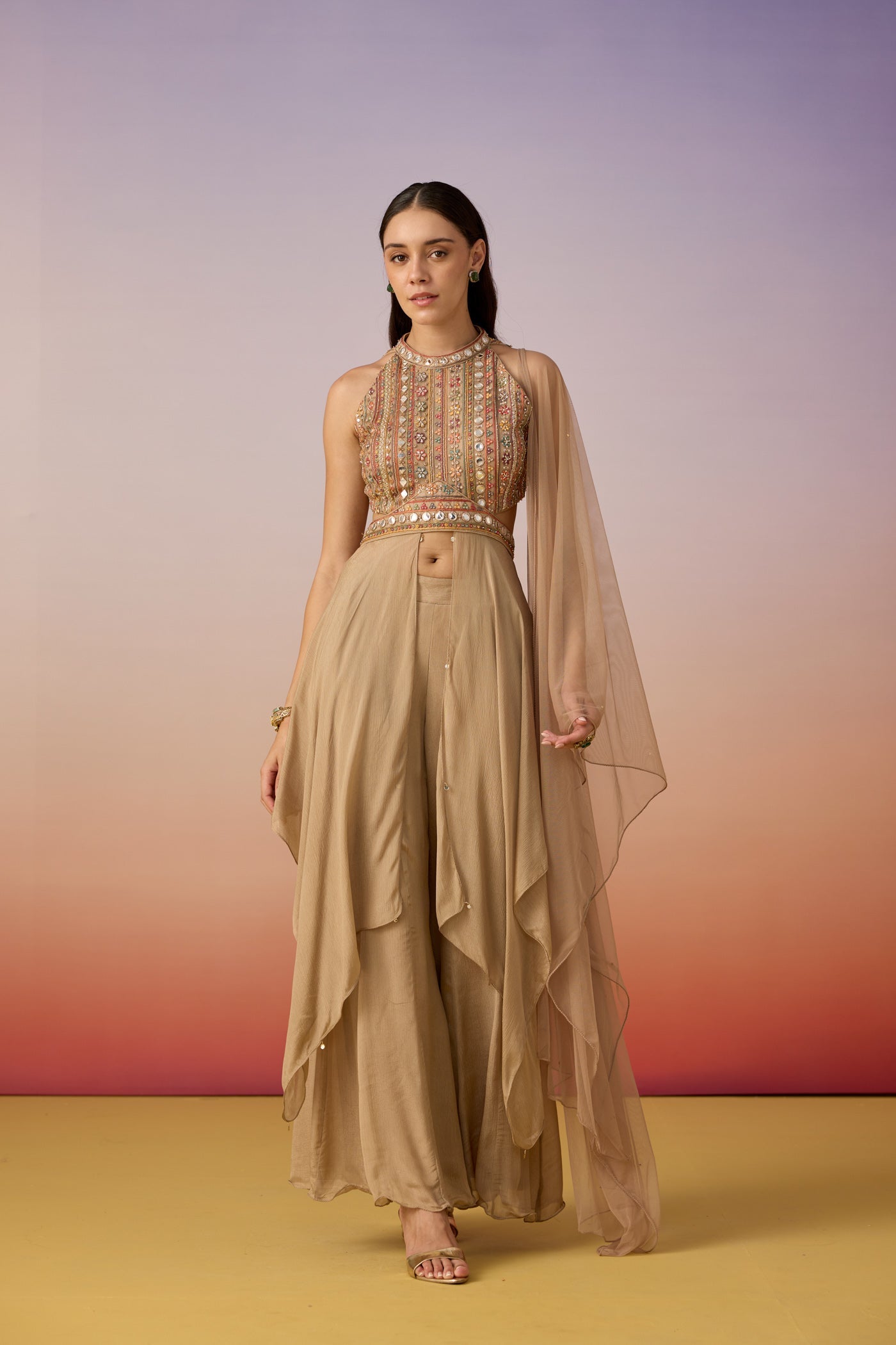 Deep Beige Embellished Chinon Silk Palazzo Set