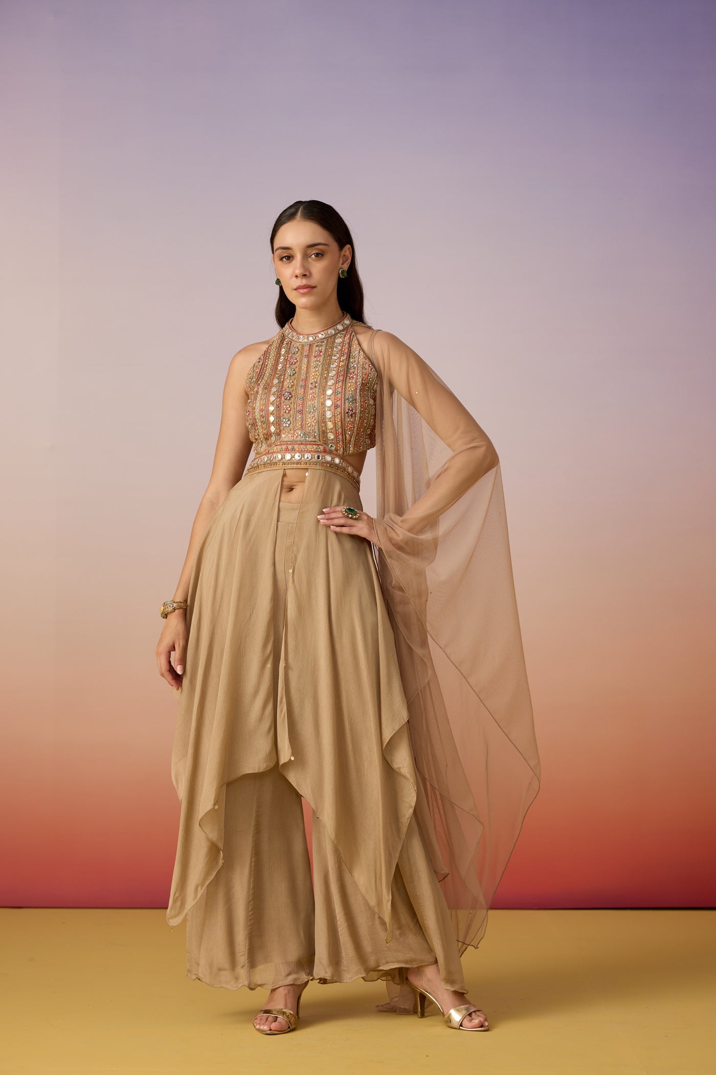 Deep Beige Embellished Chinon Silk Palazzo Set