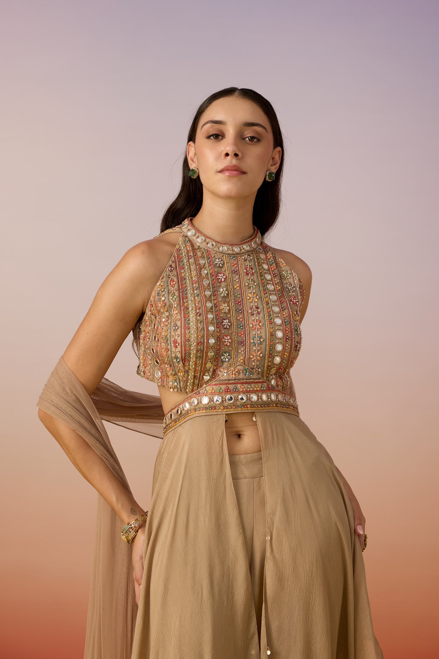 Deep Beige Embellished Chinon Silk Palazzo Set