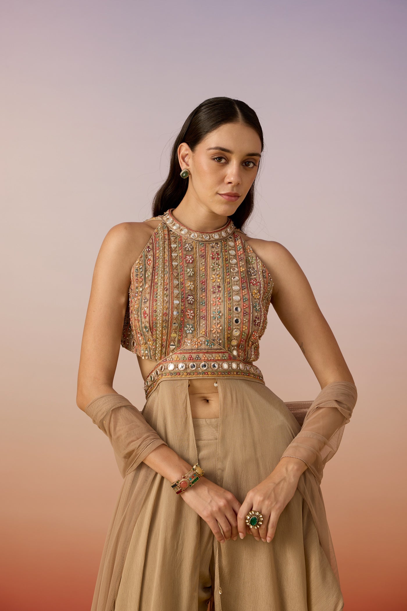 Deep Beige Embellished Chinon Silk Palazzo Set