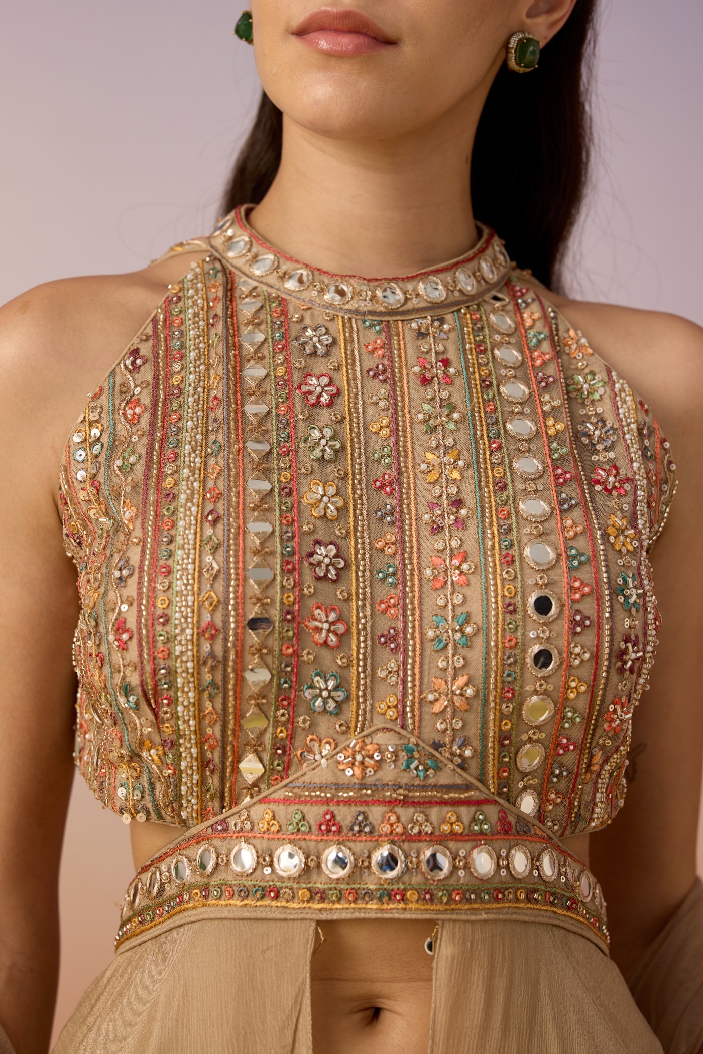 Deep Beige Embellished Chinon Silk Palazzo Set
