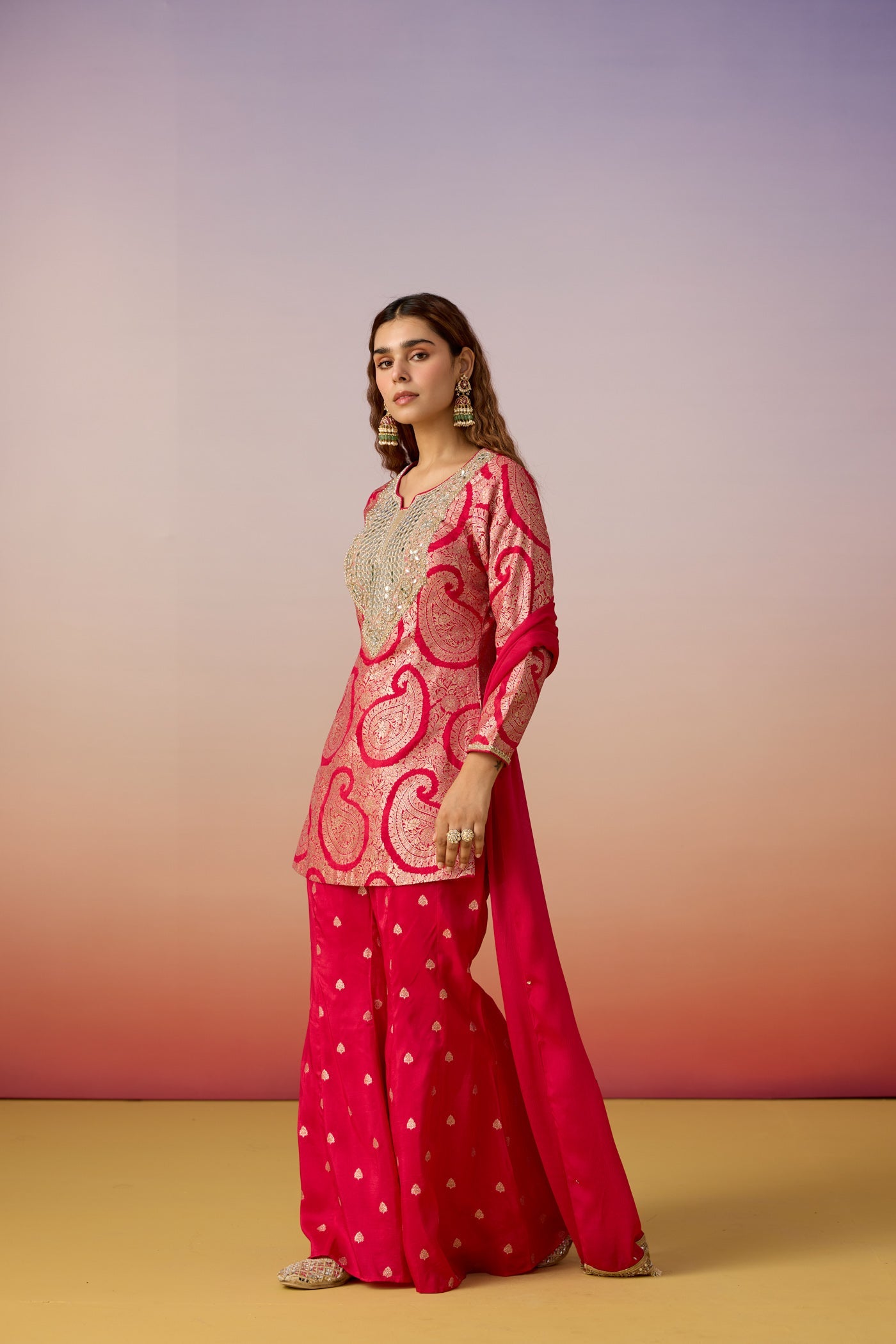 Mulberry Pink Embellished Brocade Silk Palazzo Set