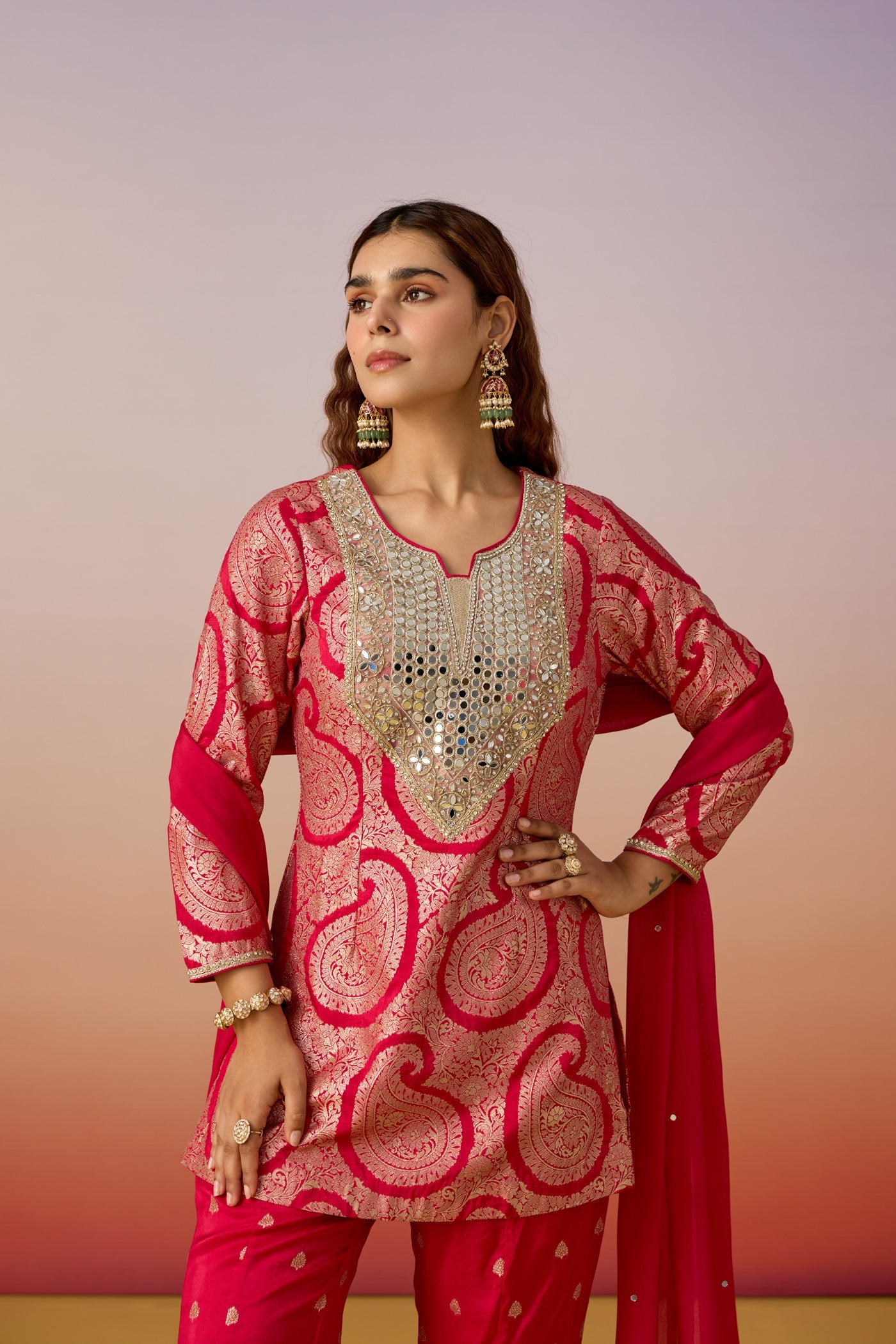 Mulberry Pink Embellished Brocade Silk Palazzo Set