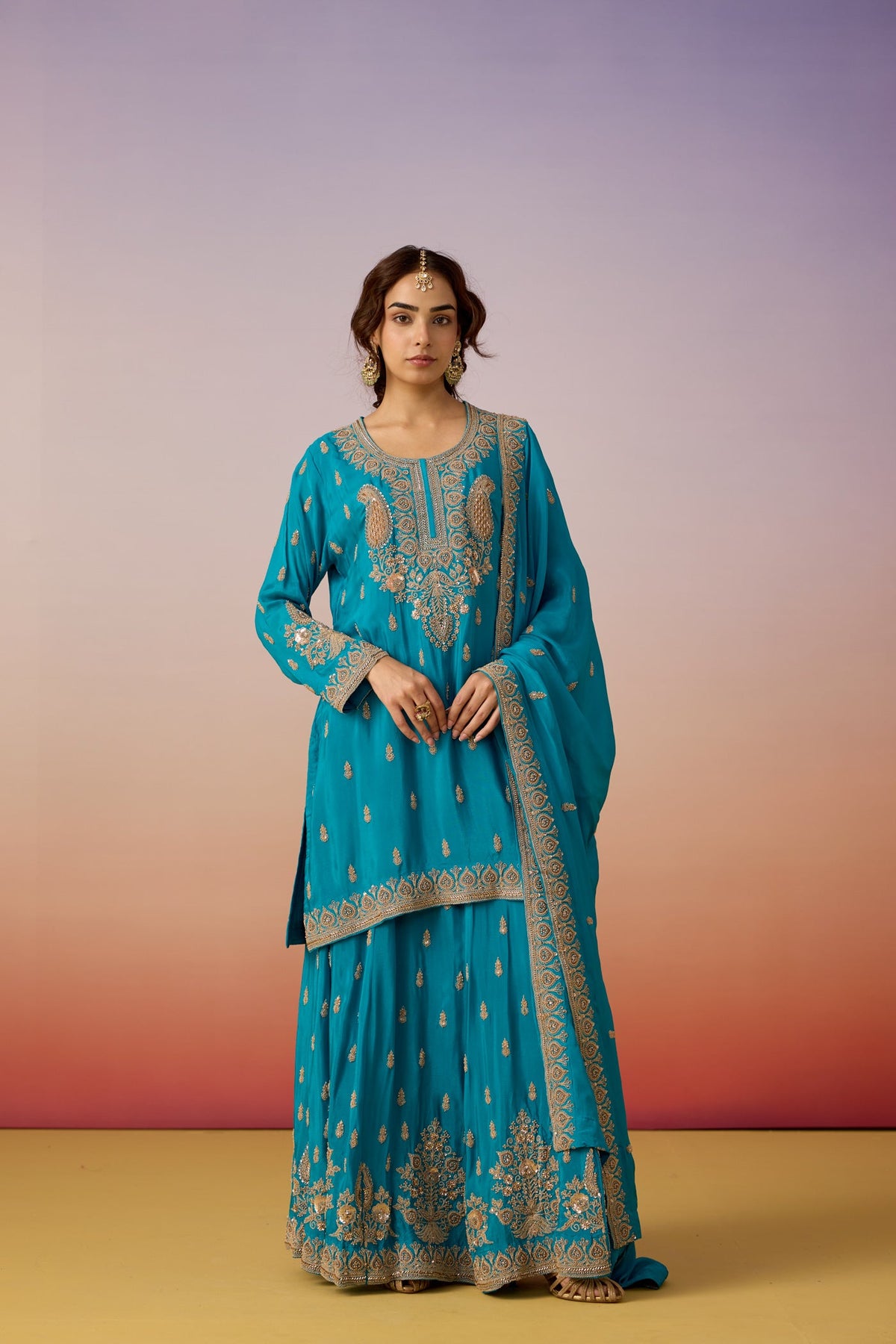 Turquoise Blue Embellished Chinon Silk Skirt Set