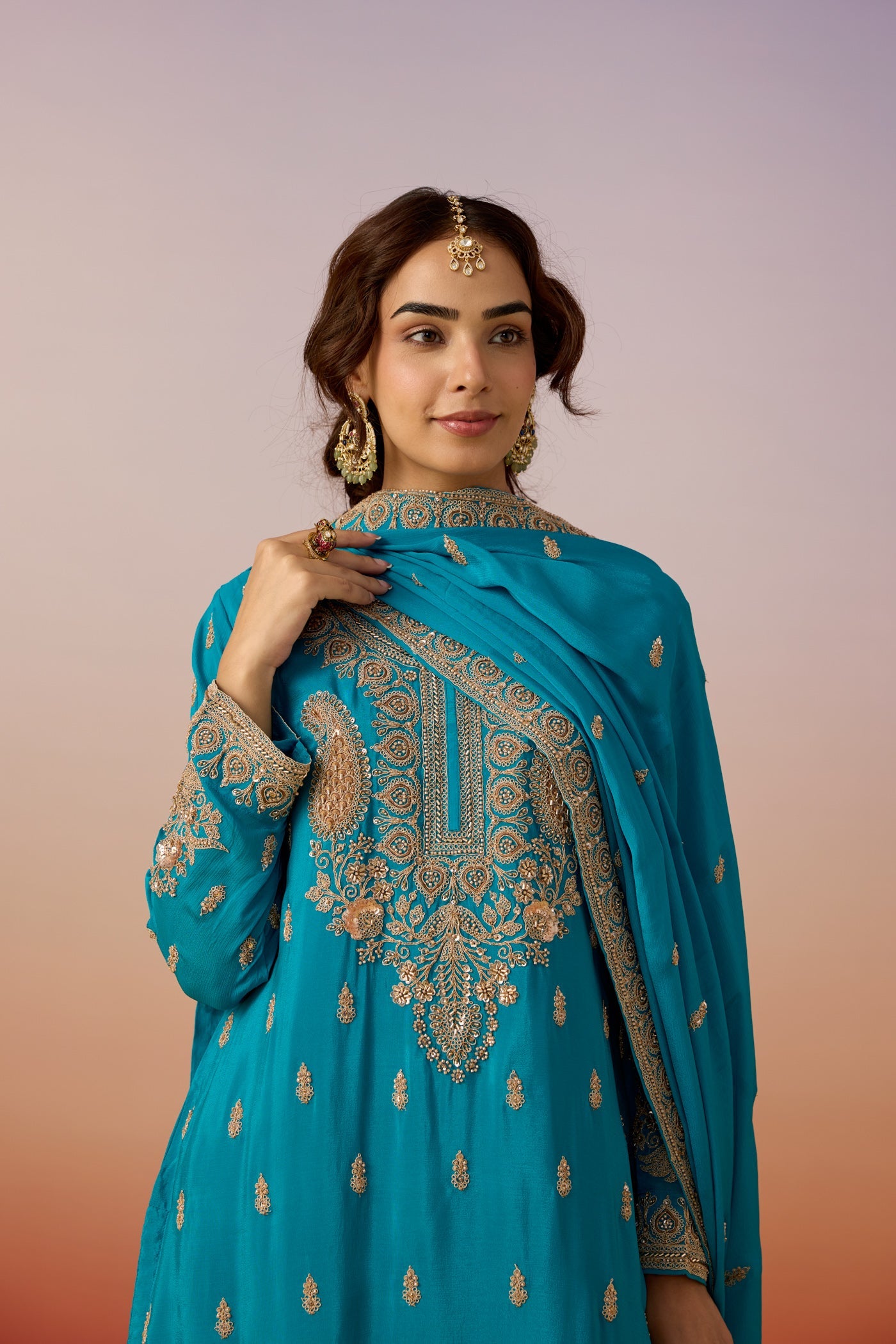 Turquoise Blue Embellished Chinon Silk Sharara Set