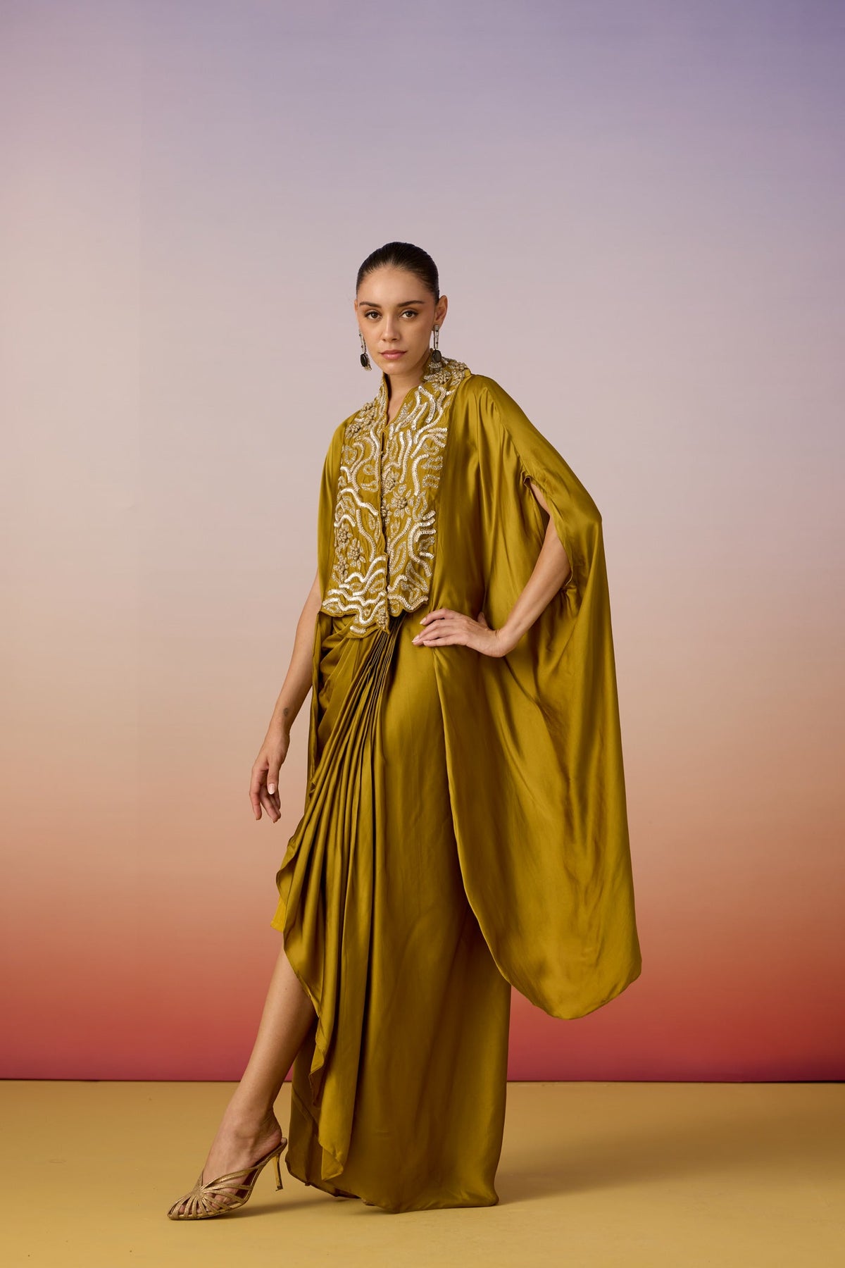 Olive Green Embellished Crepe Silk Kaftan Set