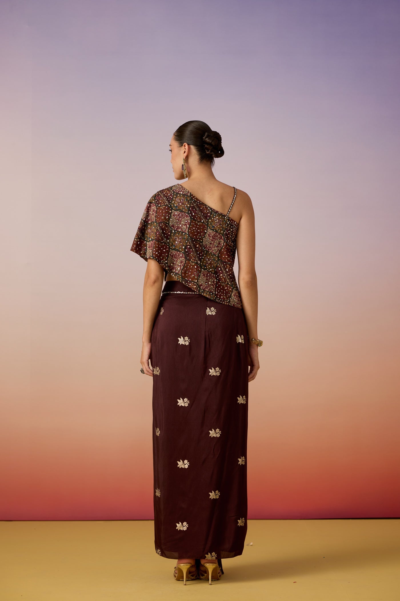 Rich Mocha Embellished Crepe Silk Skirt Set