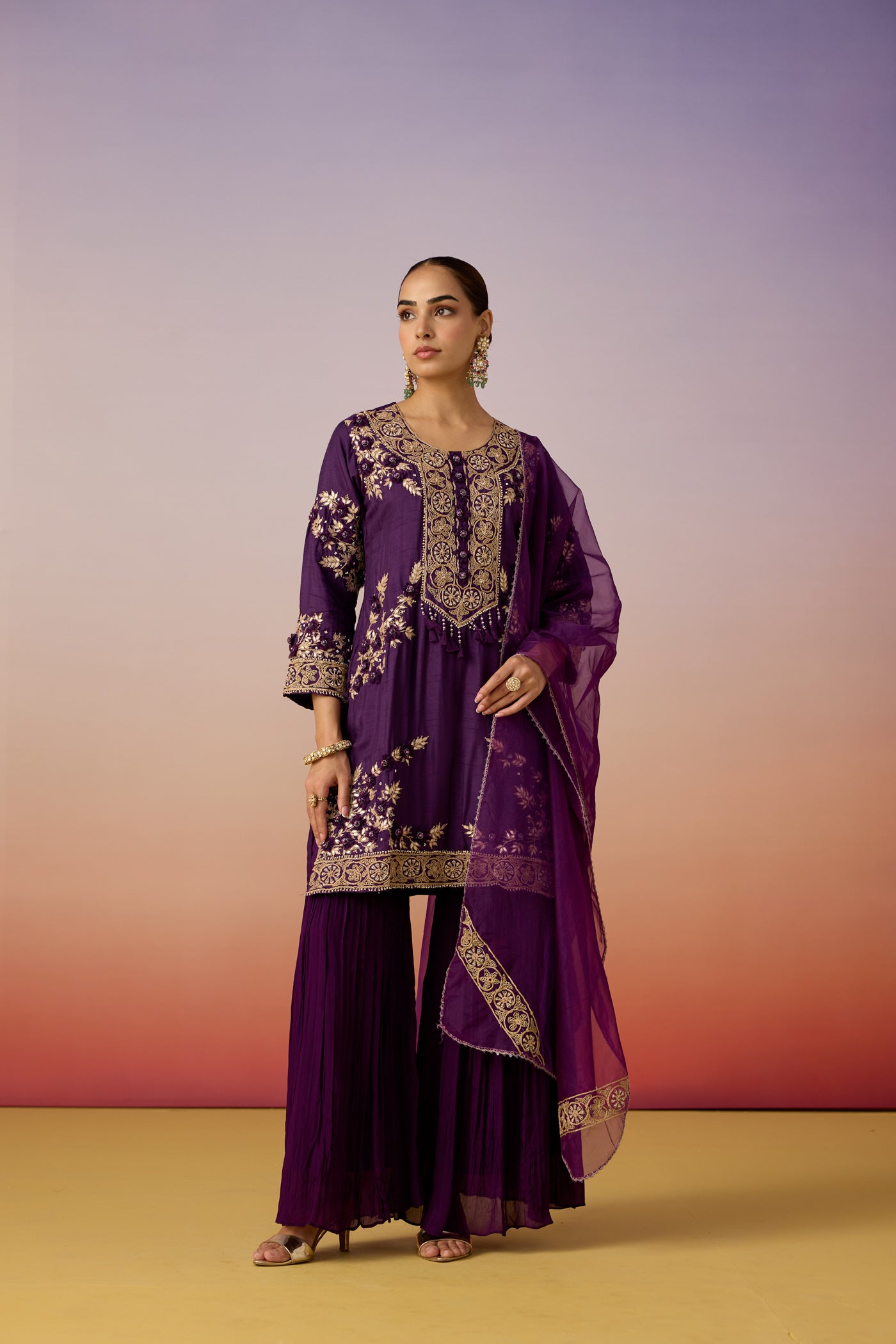 Deep Violet Embellished Premium Silk Sharara Set