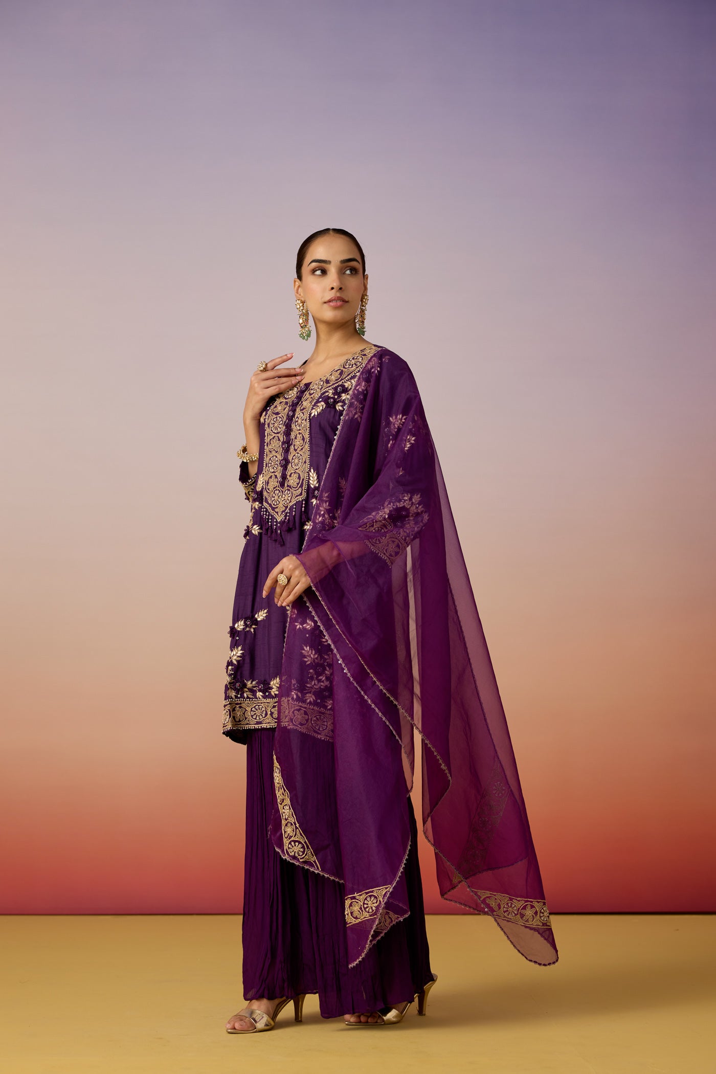 Deep Violet Embellished Premium Silk Sharara Set
