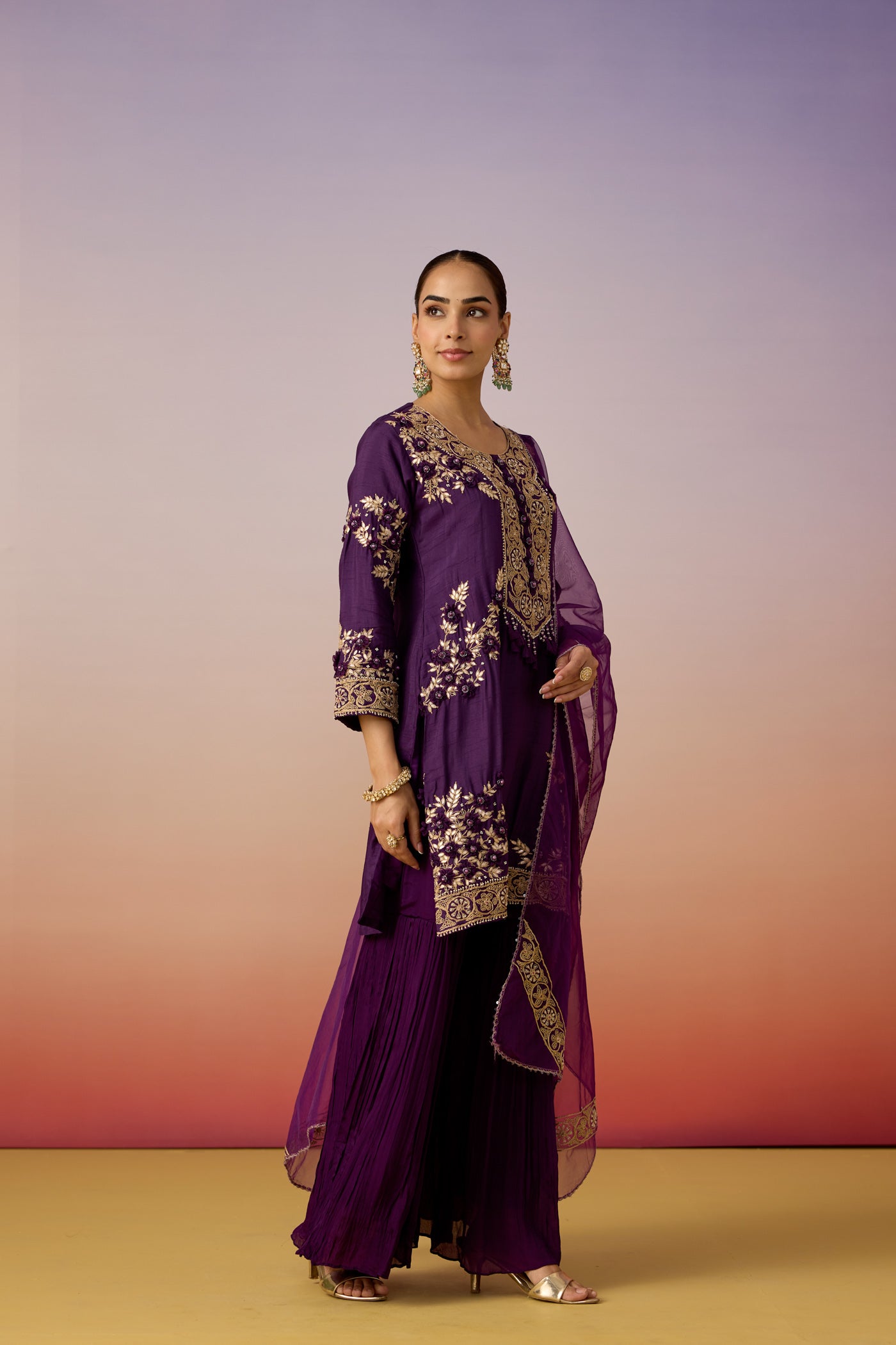Deep Violet Embellished Premium Silk Sharara Set