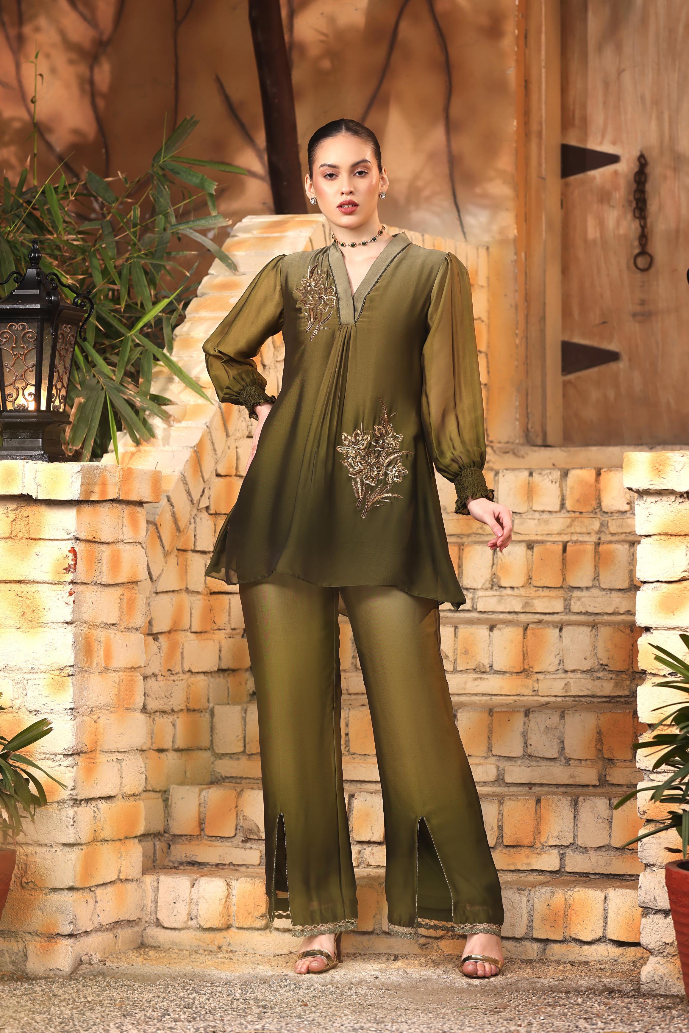 Dream Green Ombre-Dyed Satin Silk Palazzo Set