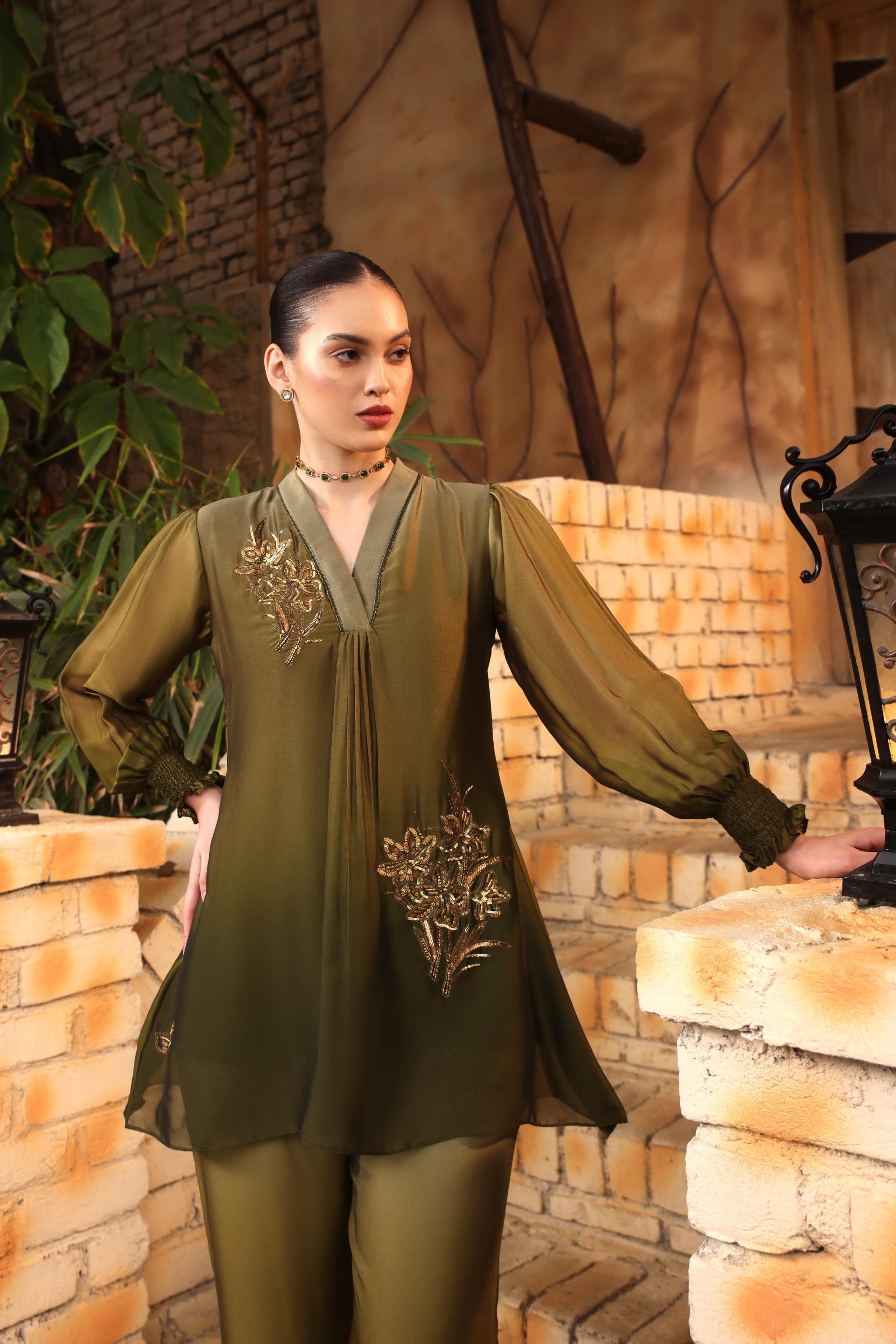 Dream Green Ombre-Dyed Satin Silk Palazzo Set