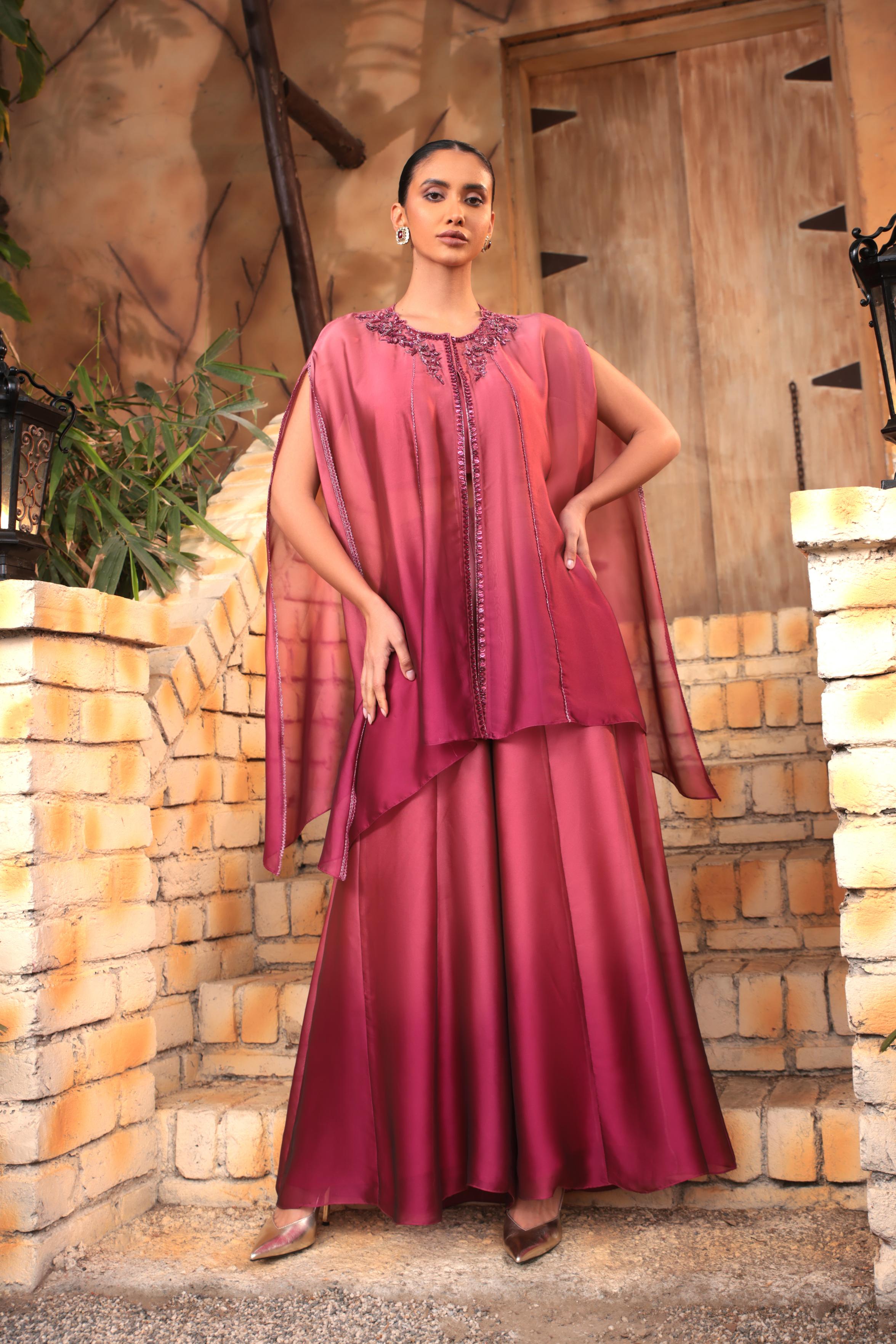 Blush Maroon Ombre-Dyed Satin Silk Cape Set