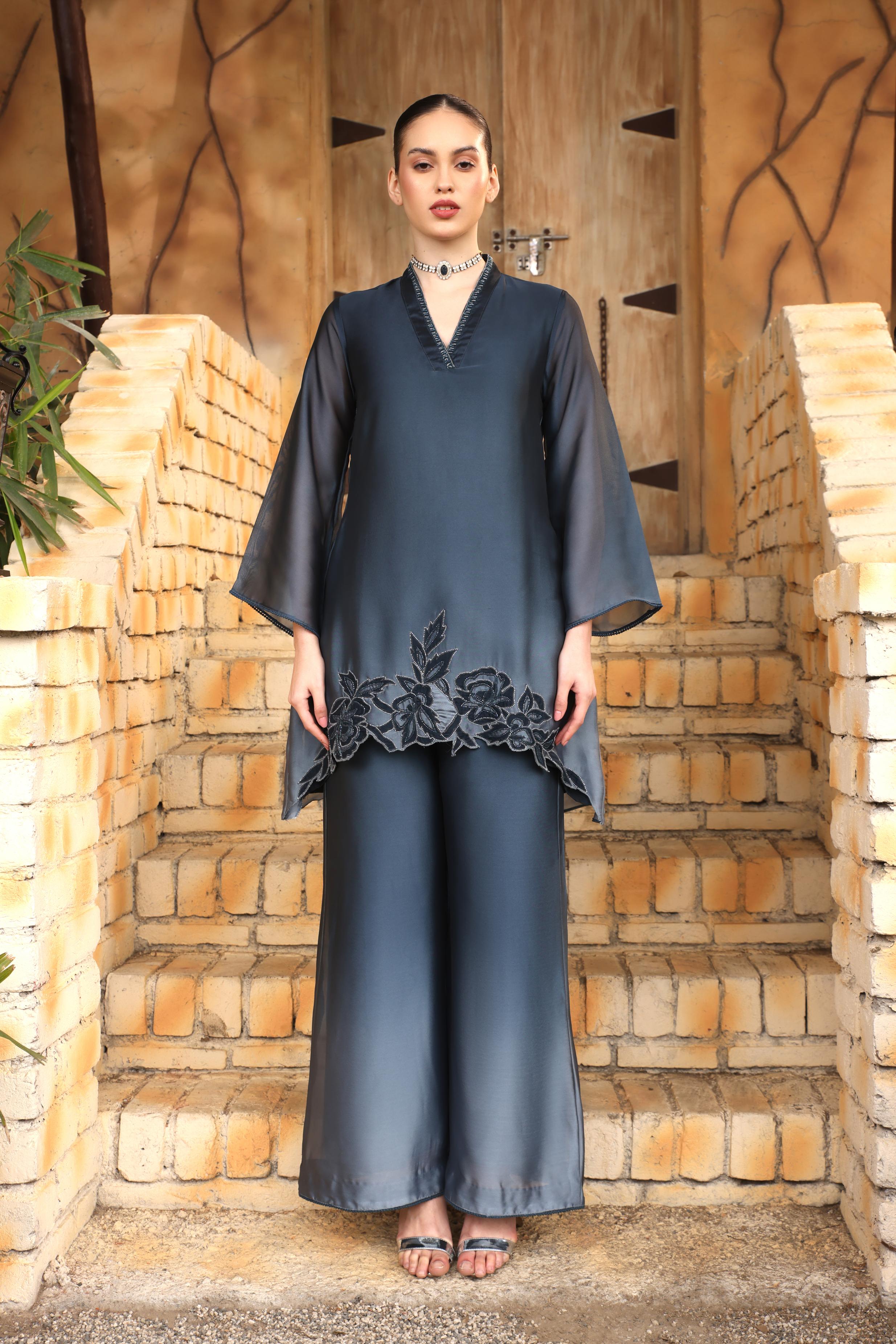 Incredible Blue Georgette Silk Palazzo Set