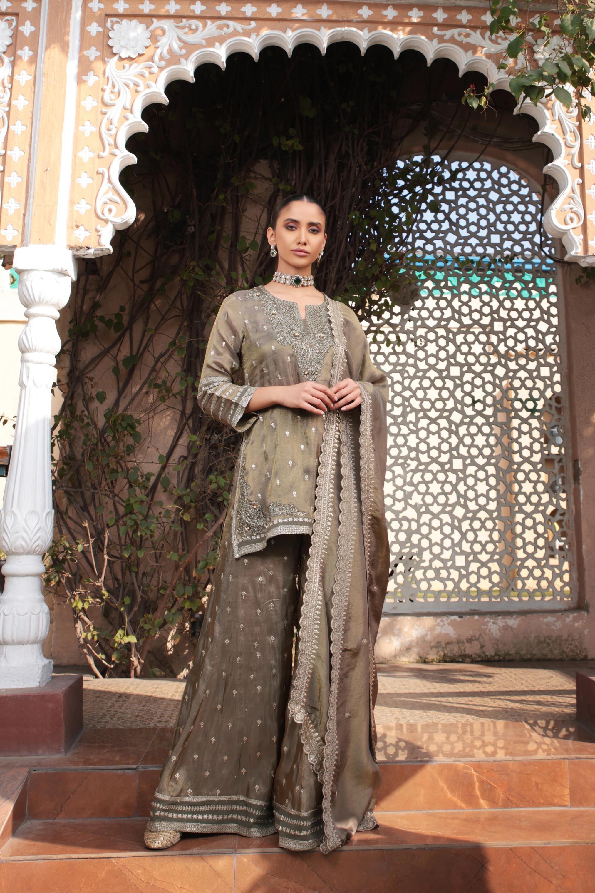 Haute Bronze Embellished Tissue Silk Palazzo Set