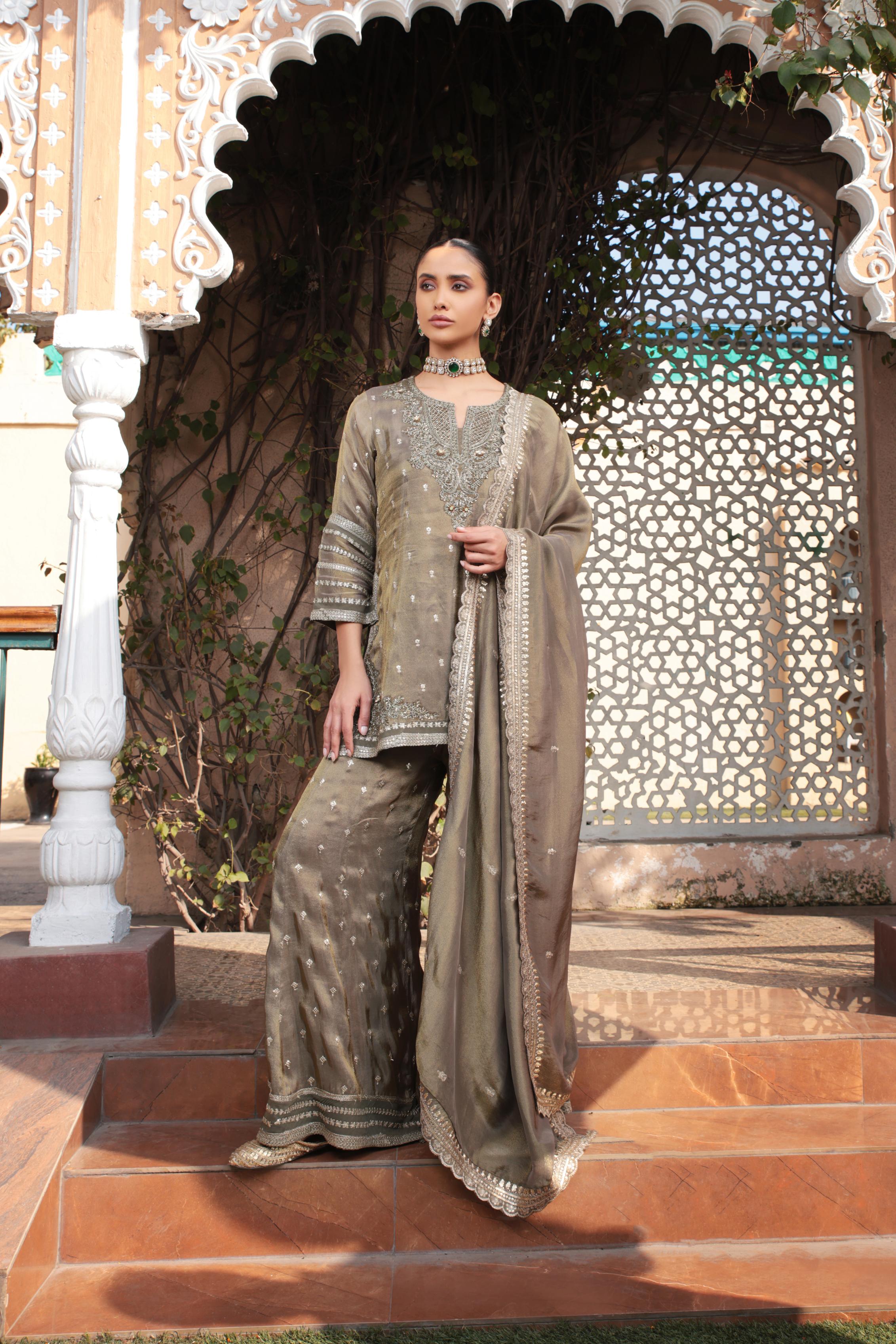 Haute Bronze Embellished Tissue Silk Palazzo Set