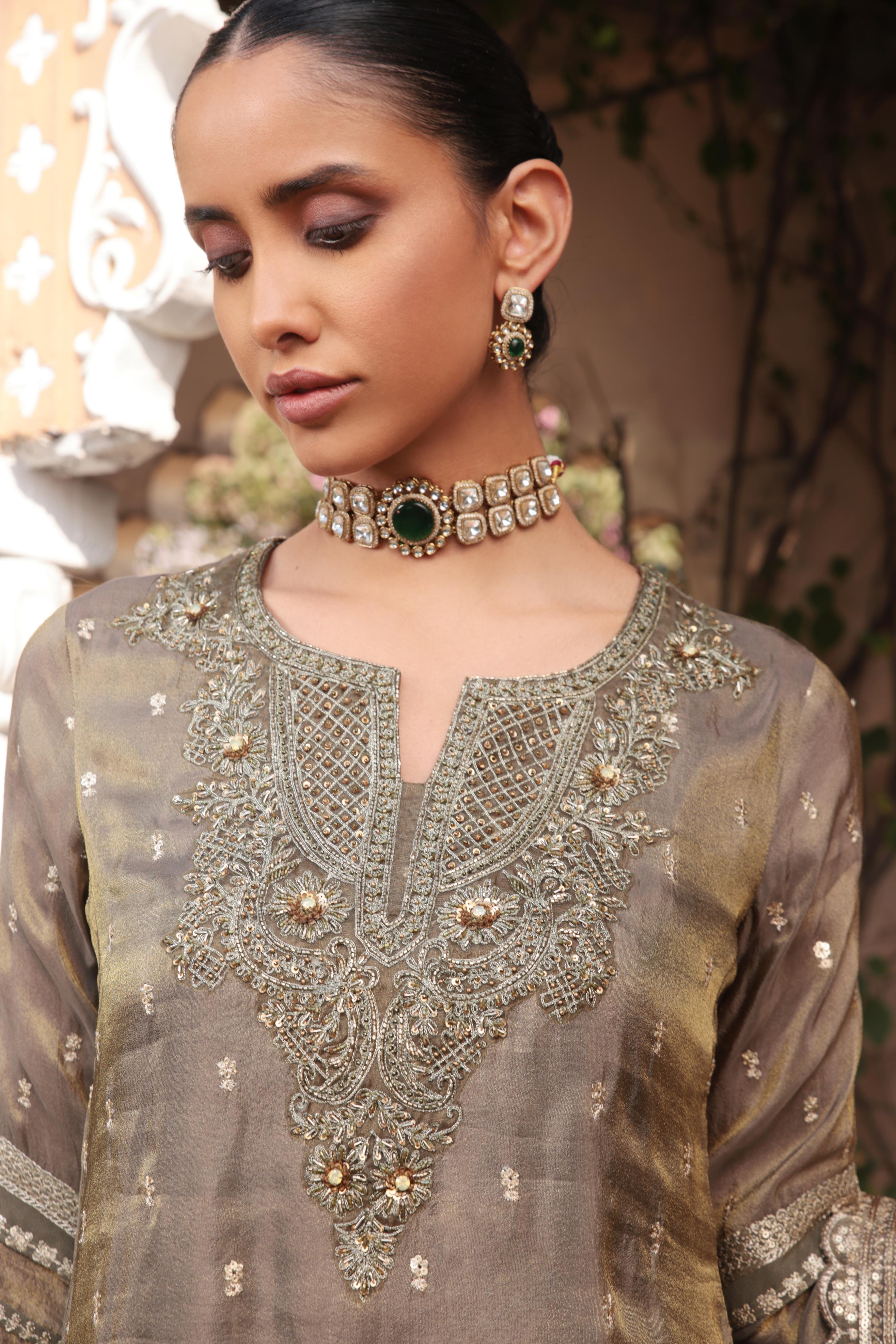 Haute Bronze Embellished Tissue Silk Palazzo Set