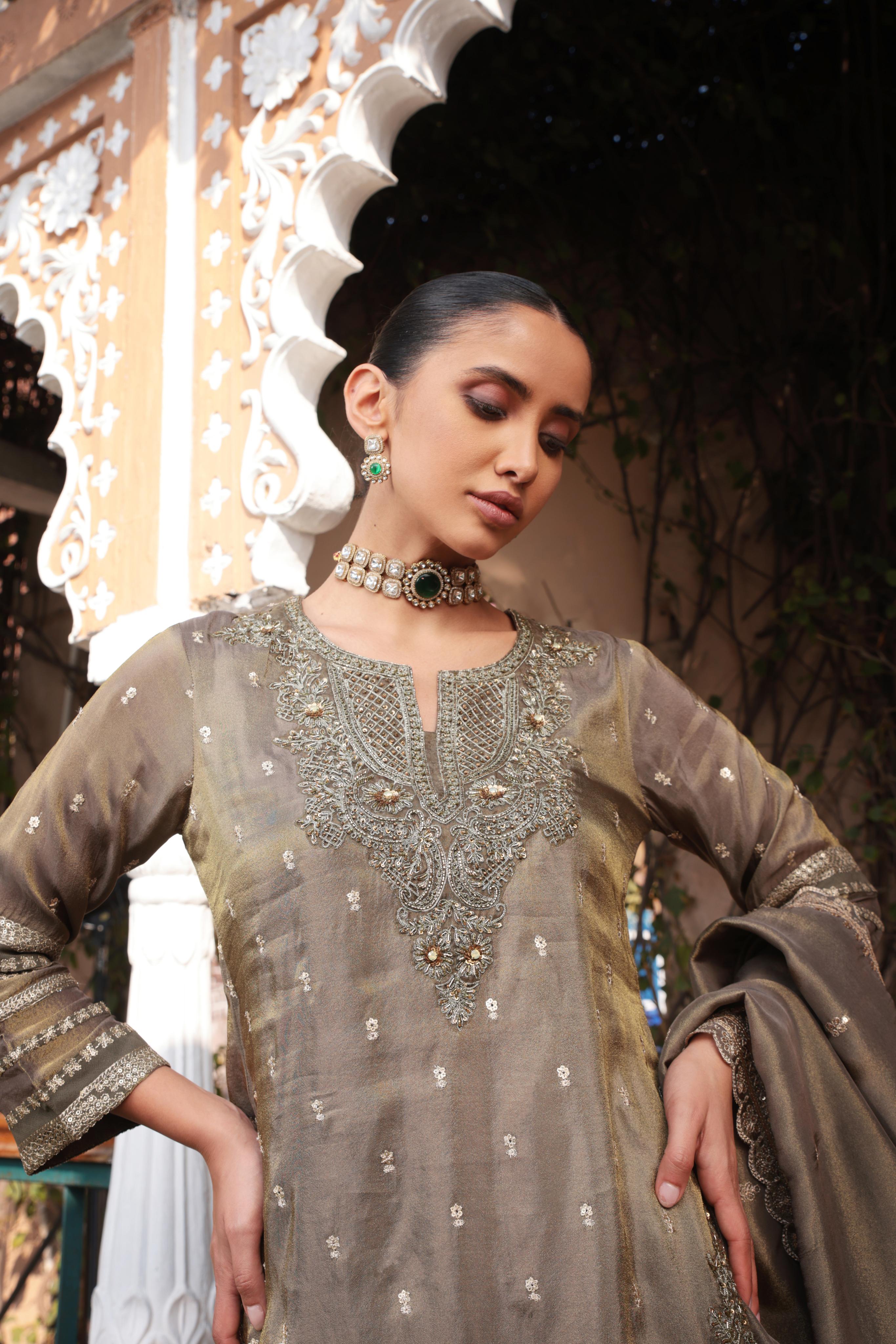 Haute Bronze Embellished Tissue Silk Palazzo Set