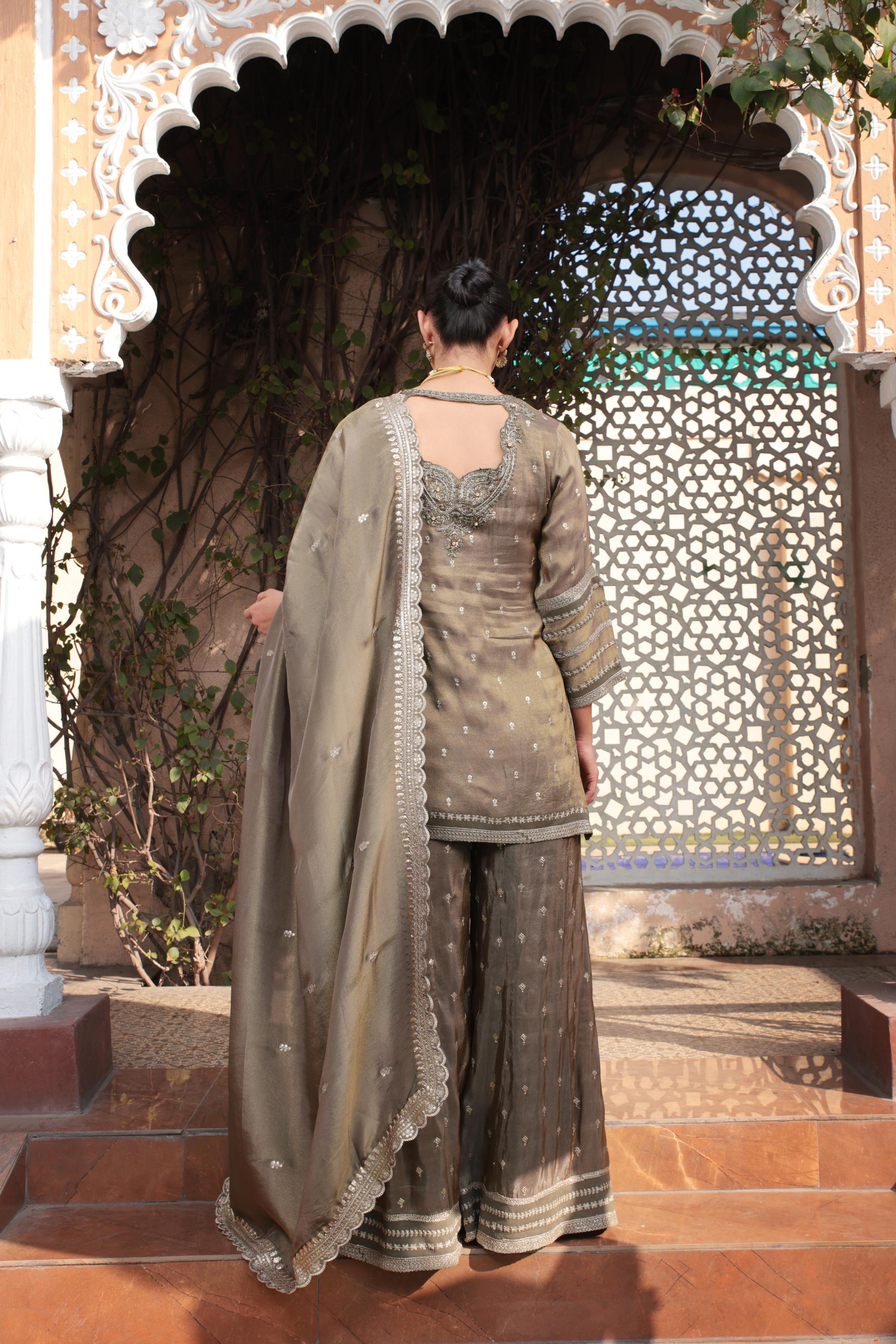 Haute Bronze Embellished Tissue Silk Palazzo Set