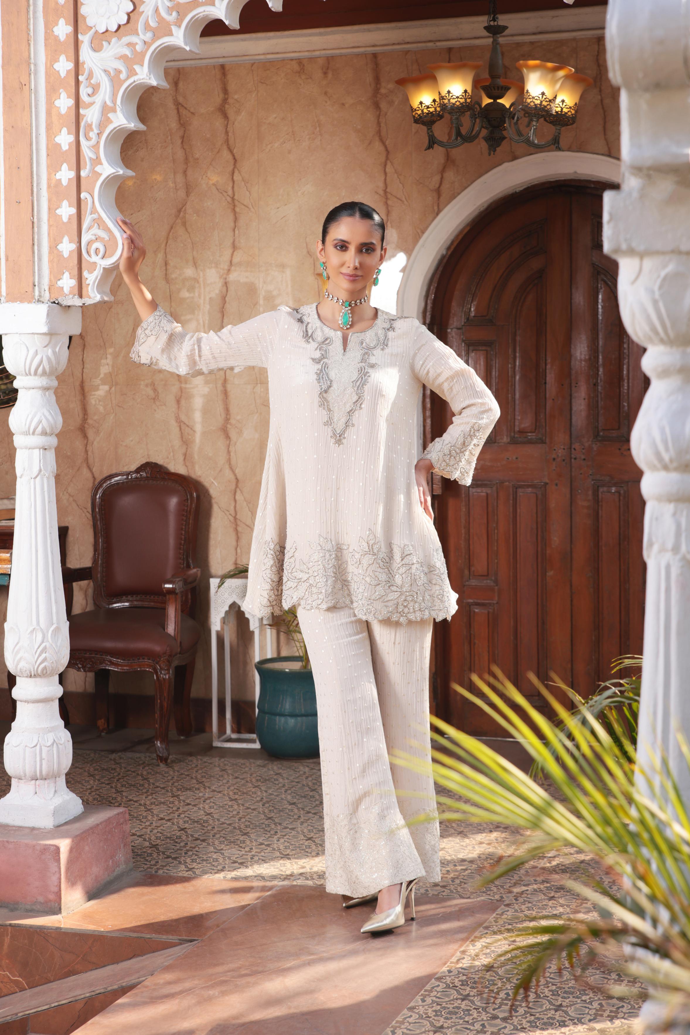 Pearl White Shimmer Tissue Organza Silk Palazzo Set