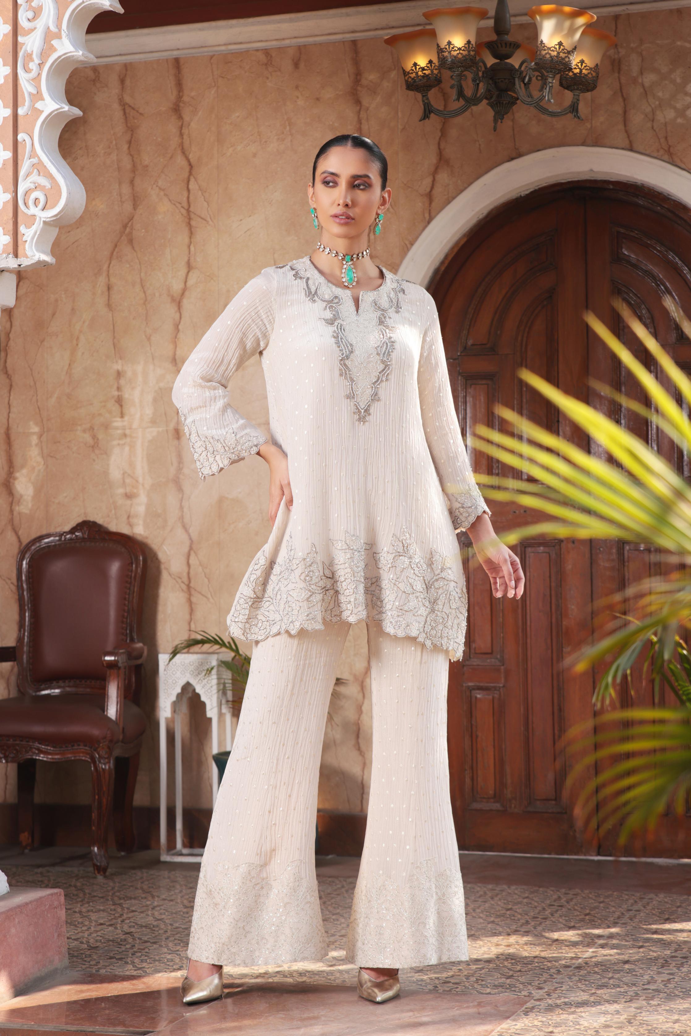 Pearl White Shimmer Tissue Organza Silk Palazzo Set