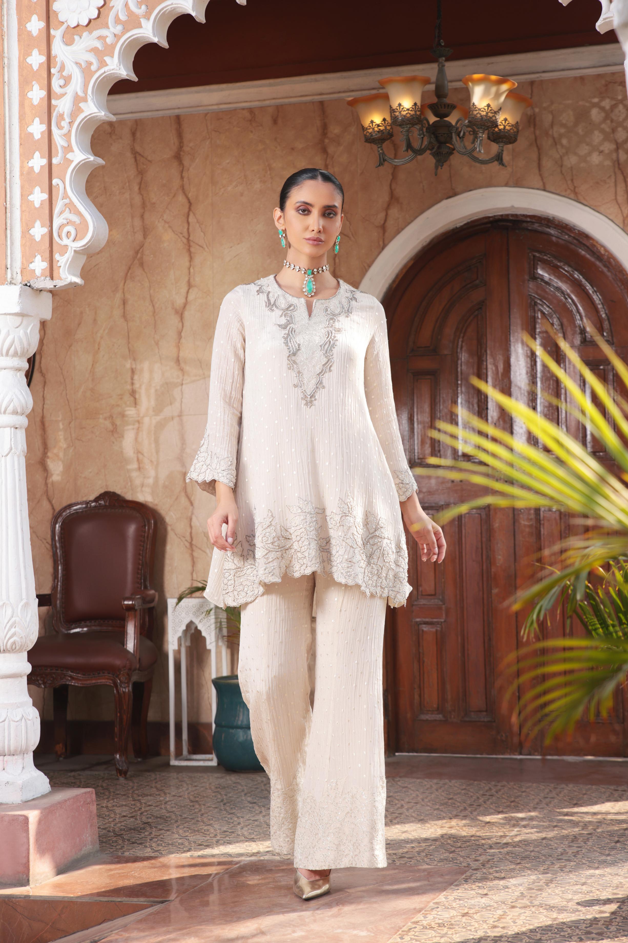 Pearl White Shimmer Tissue Organza Silk Palazzo Set