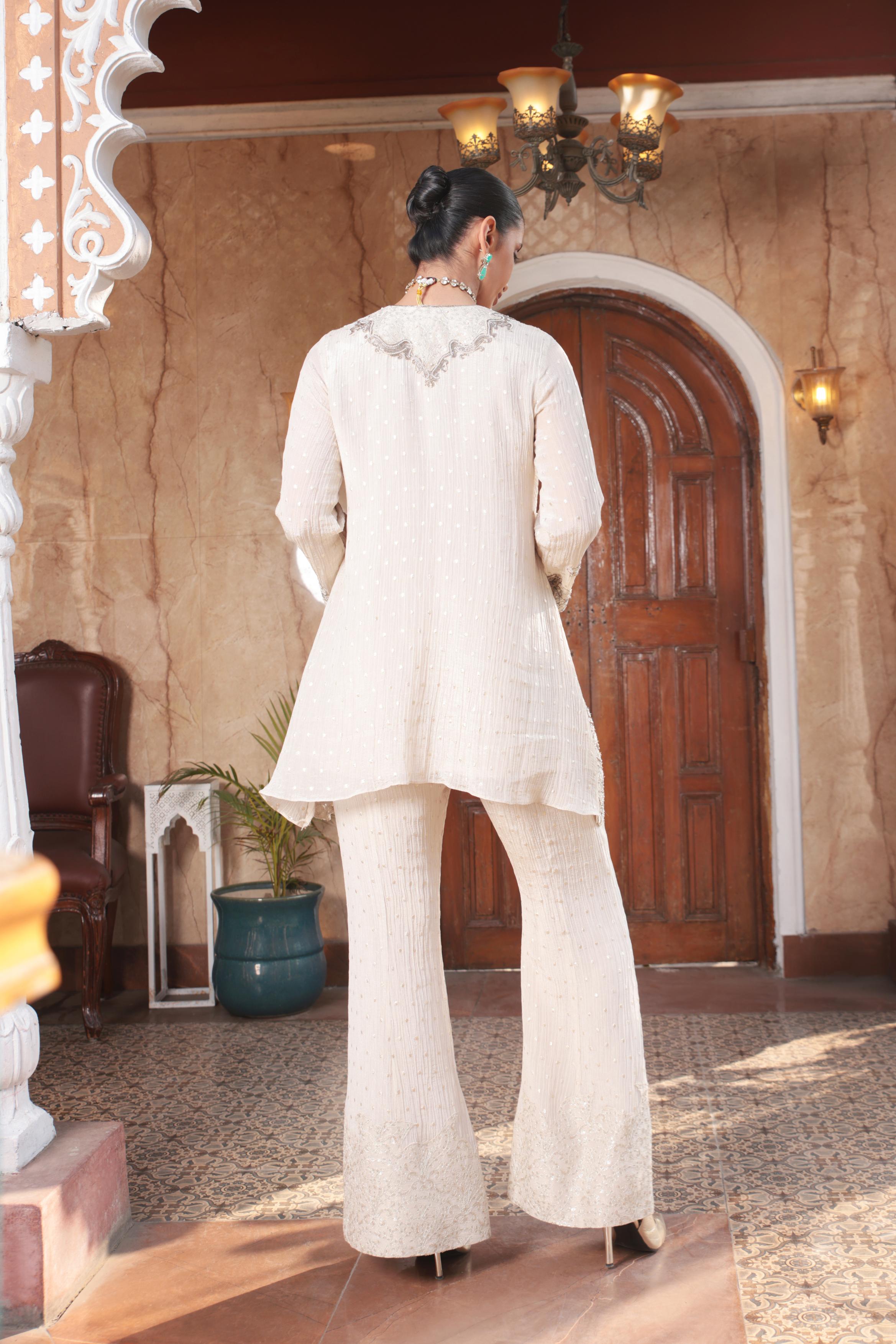 Pearl White Shimmer Tissue Organza Silk Palazzo Set