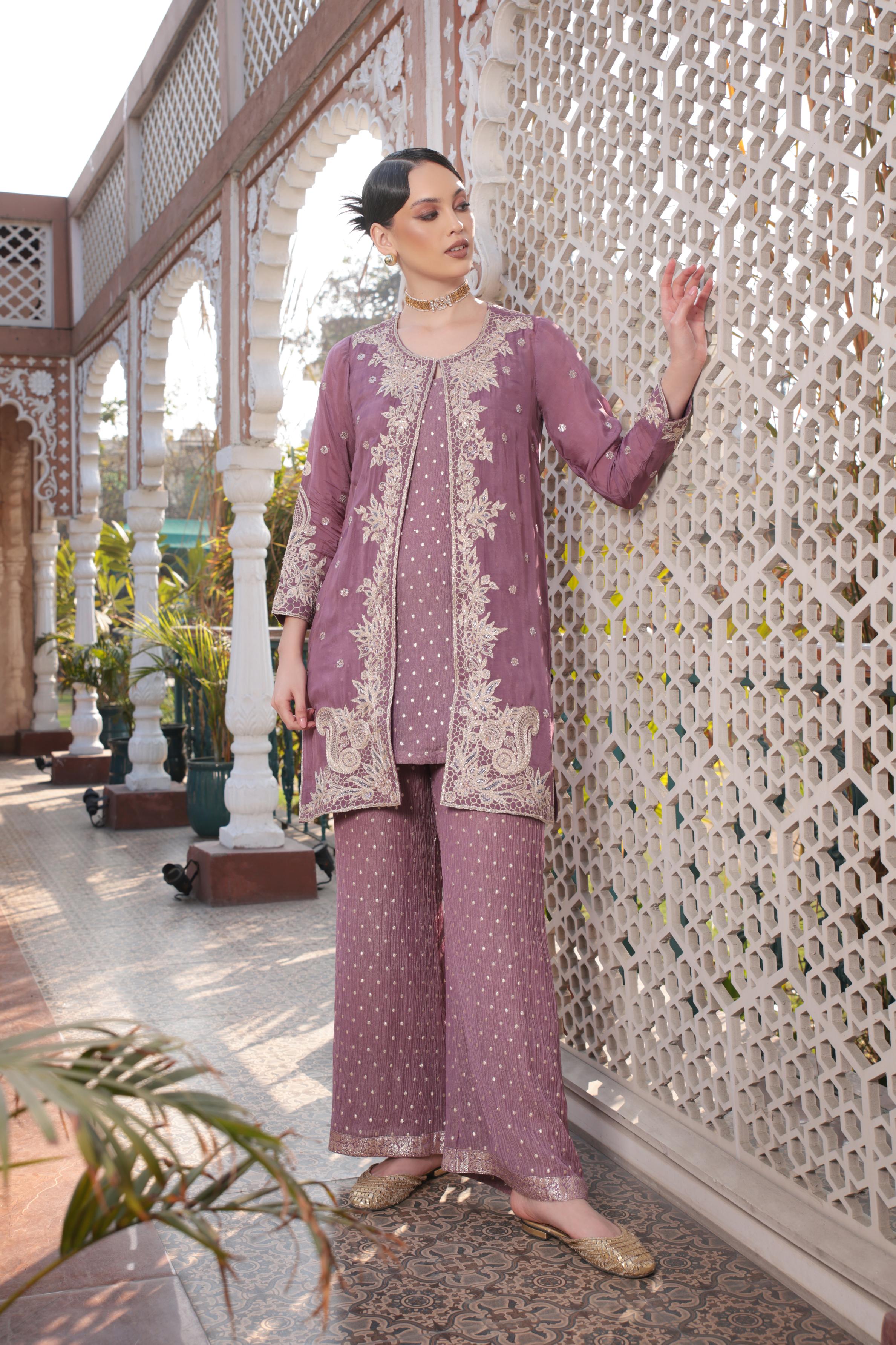Mauve Embellished Tissue Silk Palazzo Set