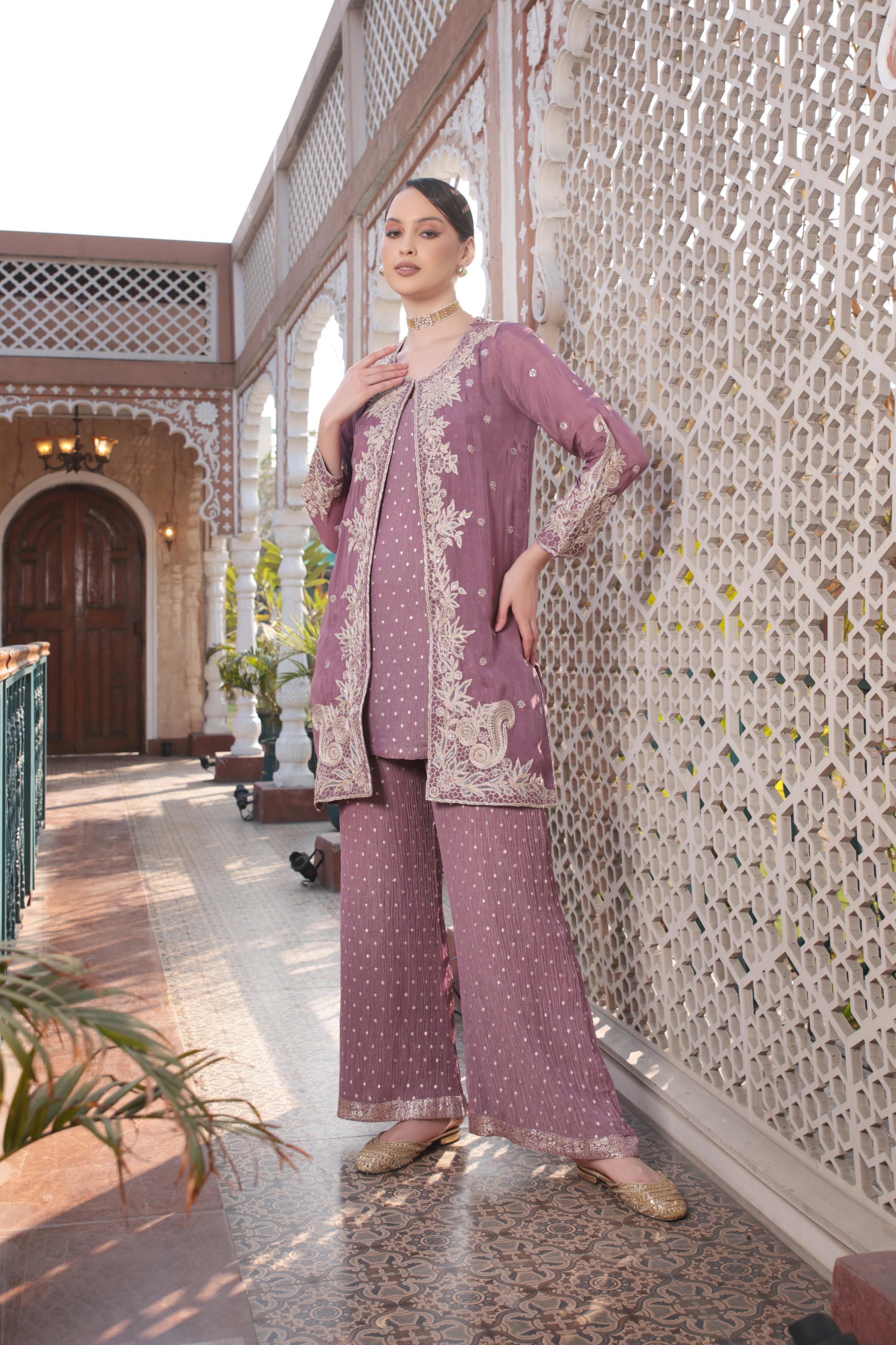 Mauve Embellished Tissue Silk Palazzo Set
