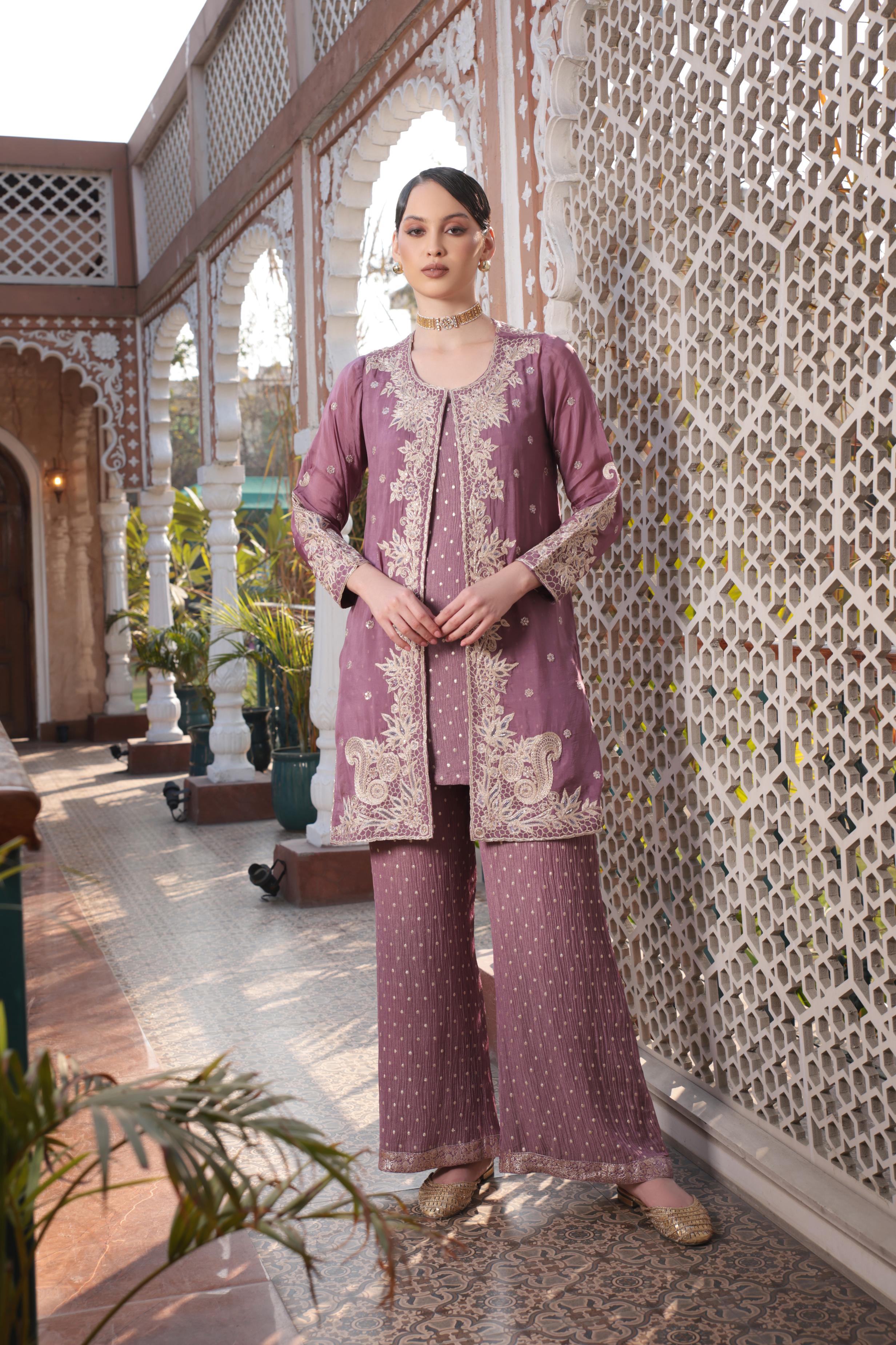 Mauve Embellished Tissue Silk Palazzo Set