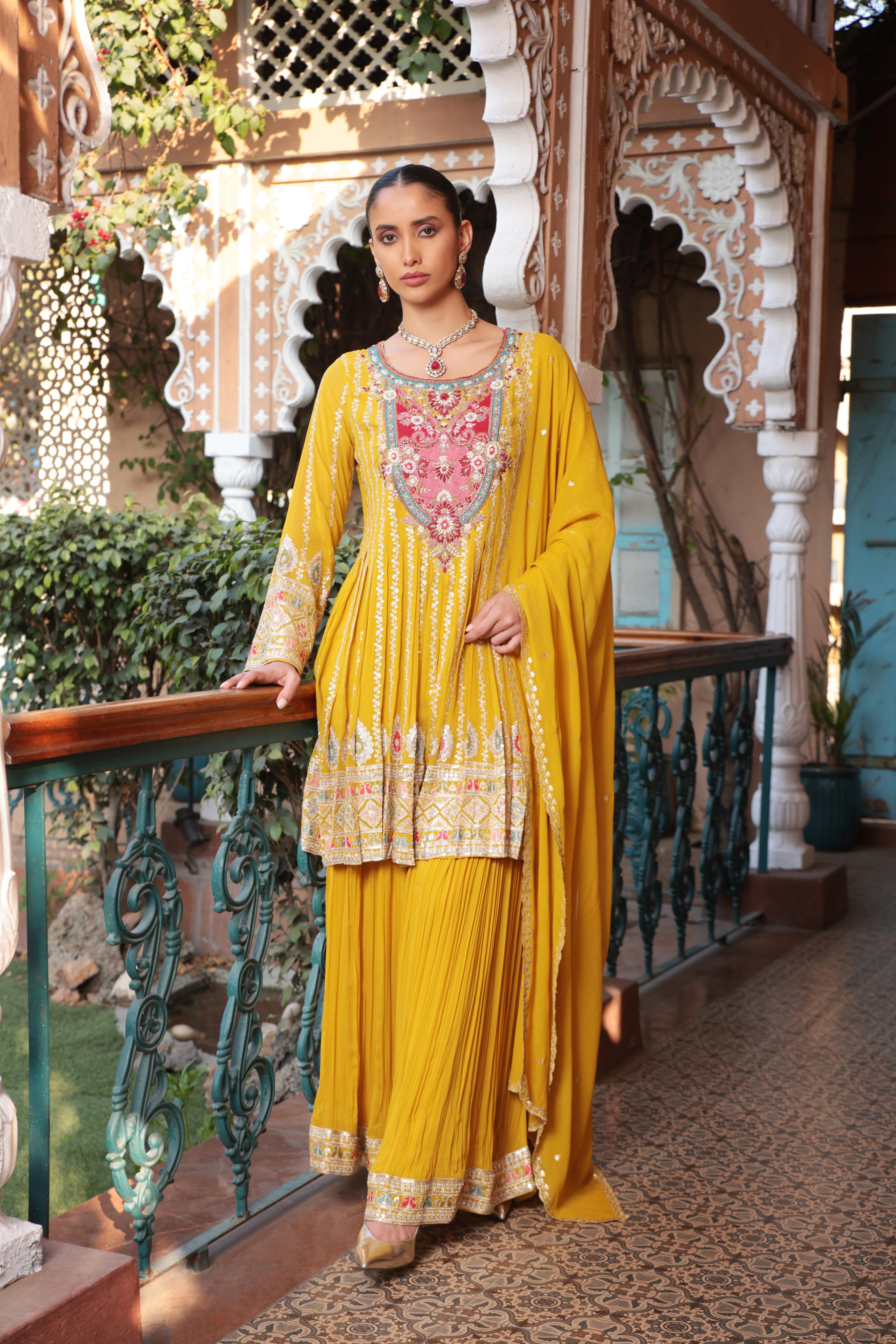 Yellow Affair Embellished Georgette Silk Palazzo Set