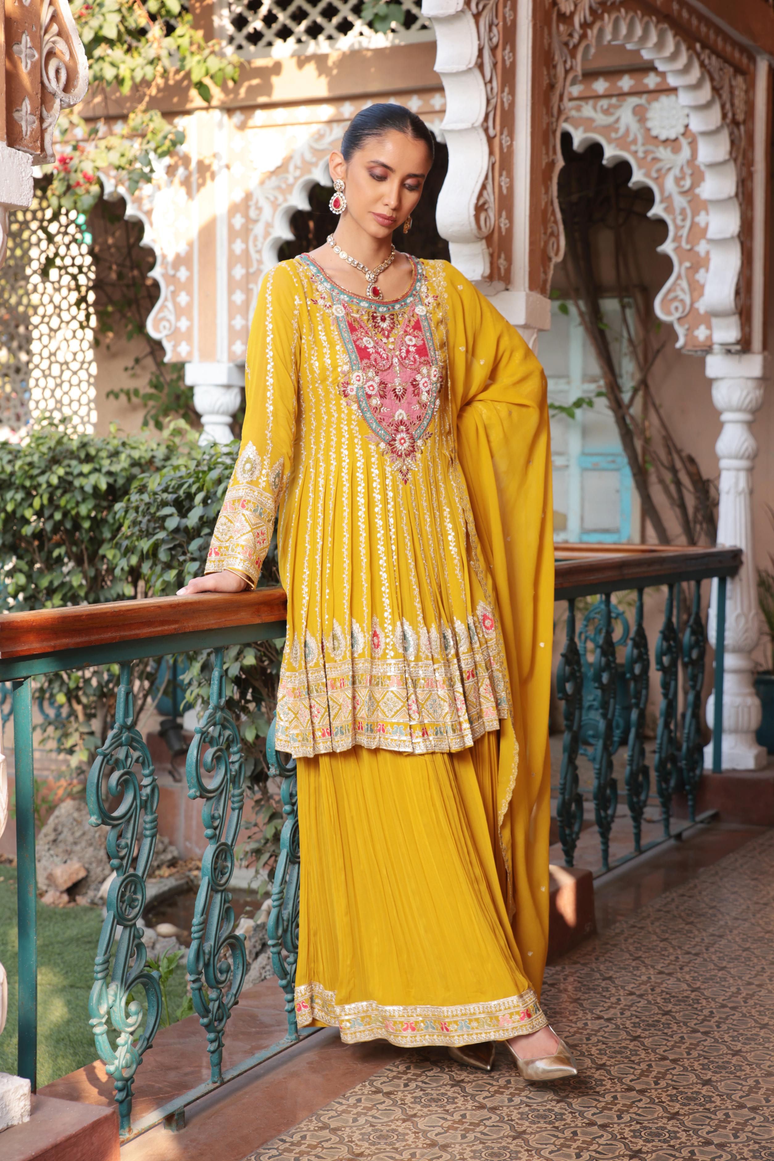 Yellow Affair Embellished Georgette Silk Palazzo Set