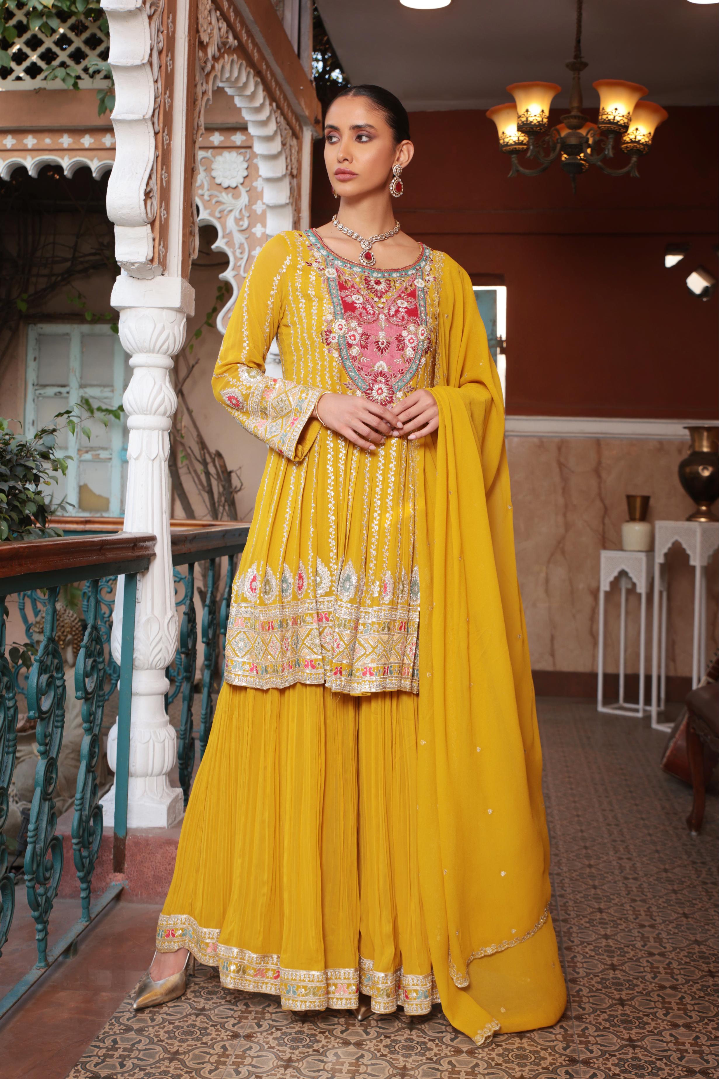 Yellow Affair Embellished Georgette Silk Palazzo Set