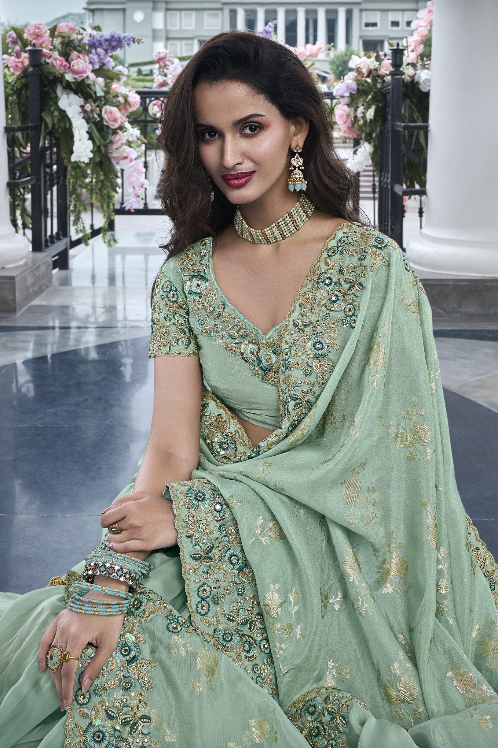 Light Green Embroidered Saree