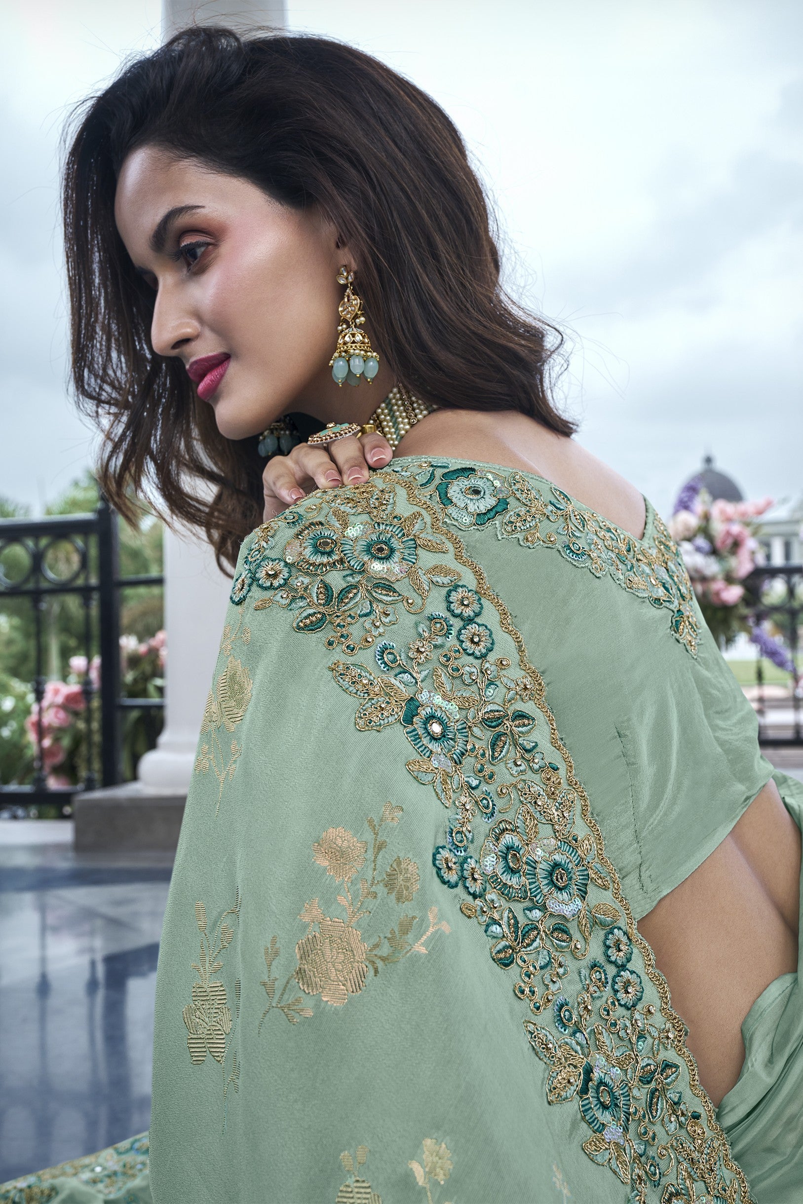 Light Green Embroidered Saree