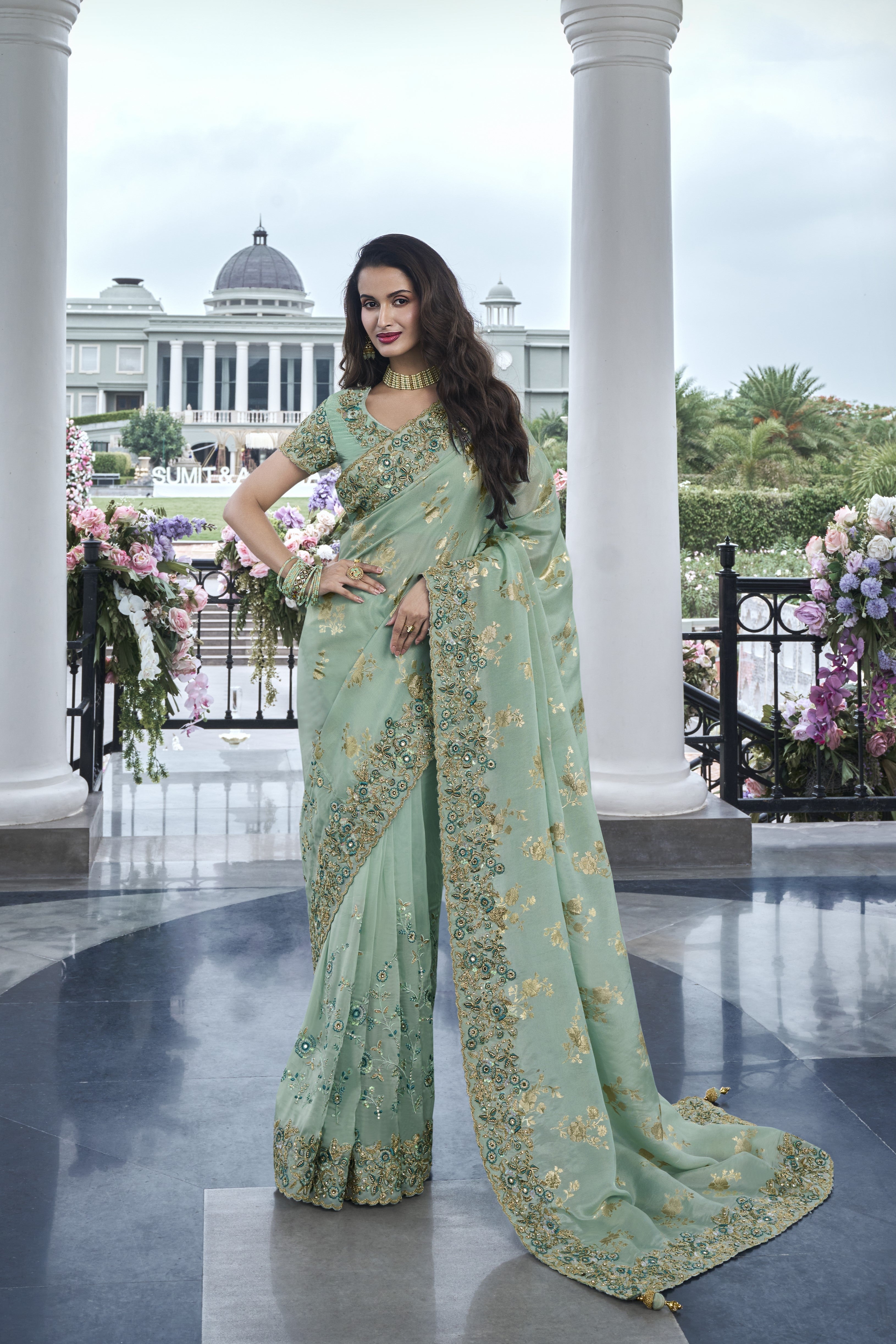 Light Green Embroidered Saree