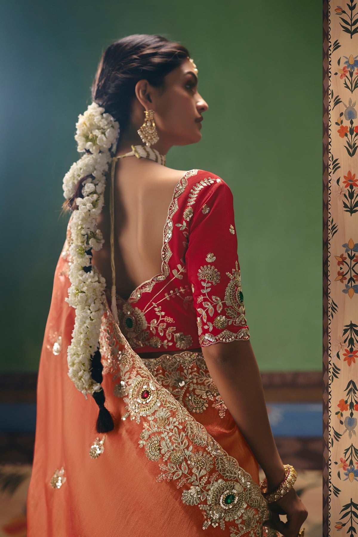 Metallic Peach Embellished Tissue Organza Silk Saree