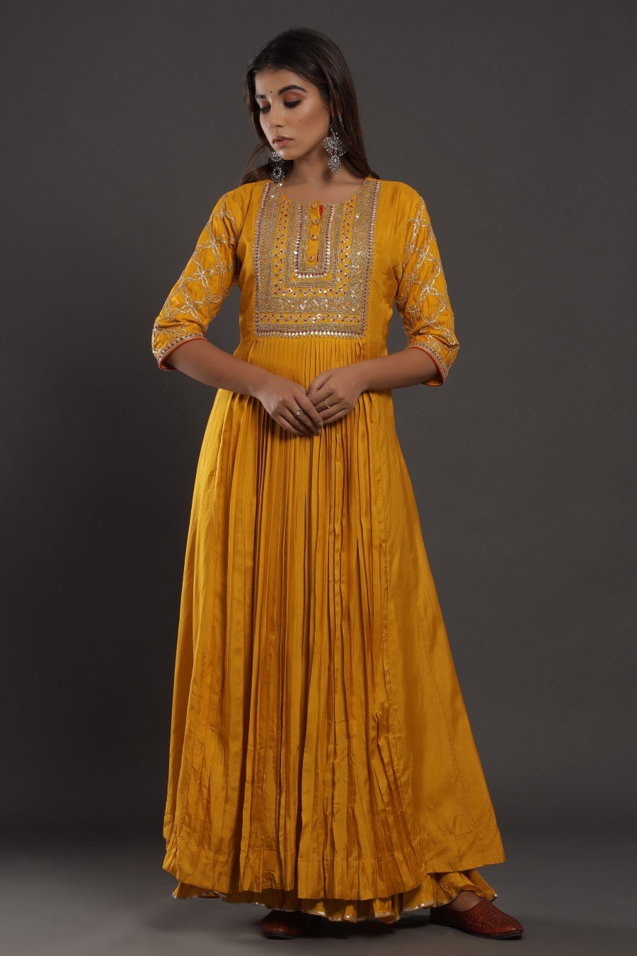 Mustard Chanderi Silk Kalidar Kurta With Embroidery
