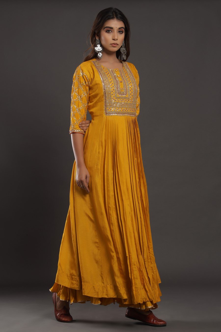 Mustard Chanderi Silk Kalidar Kurta With Embroidery