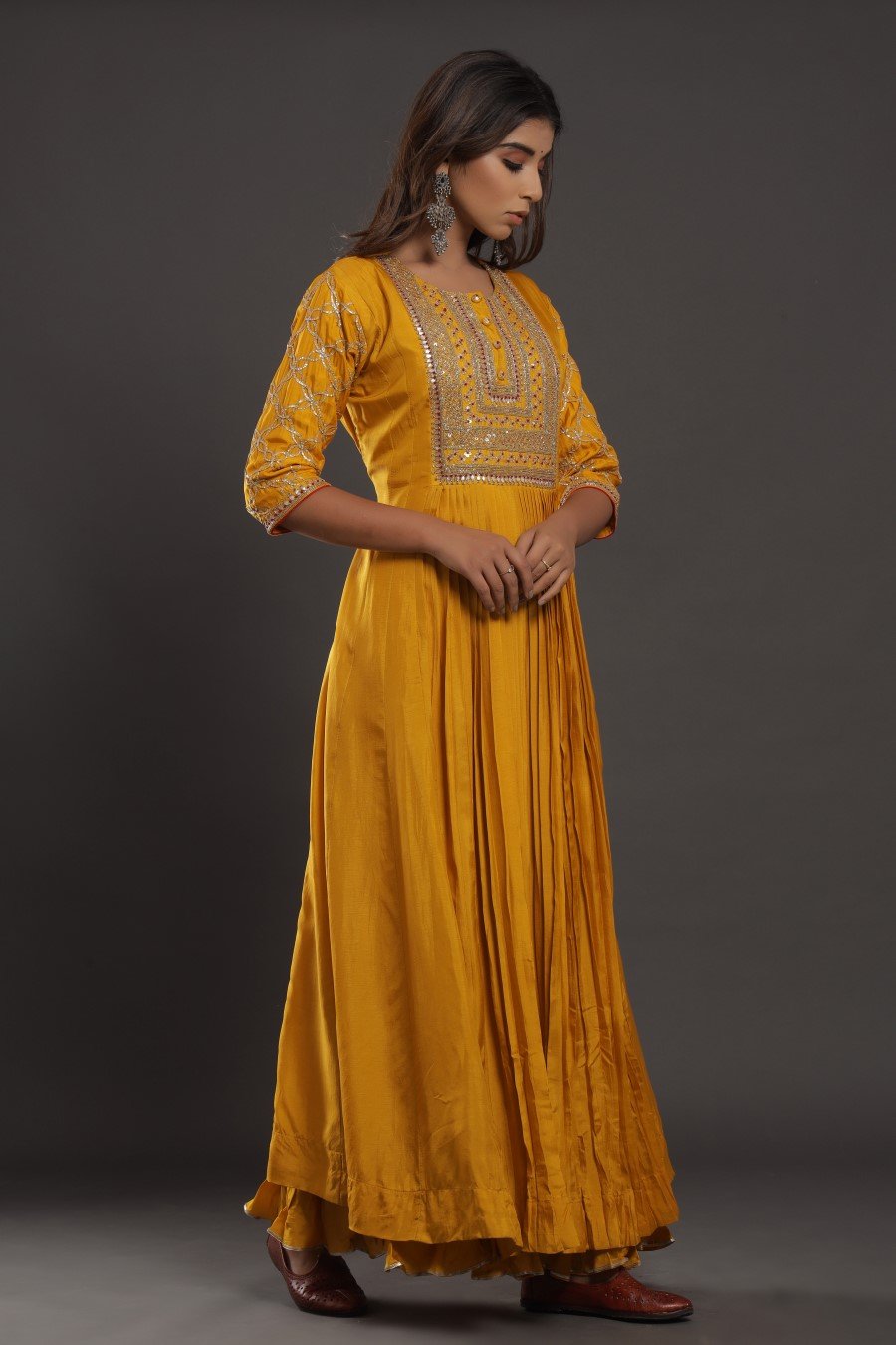 Mustard Chanderi Silk Kalidar Kurta With Embroidery