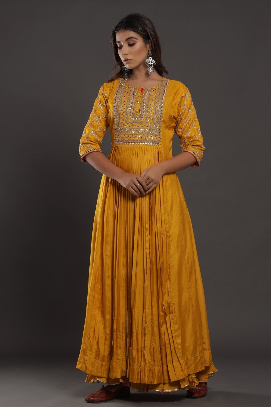 Mustard Chanderi Silk Kalidar Kurta With Embroidery