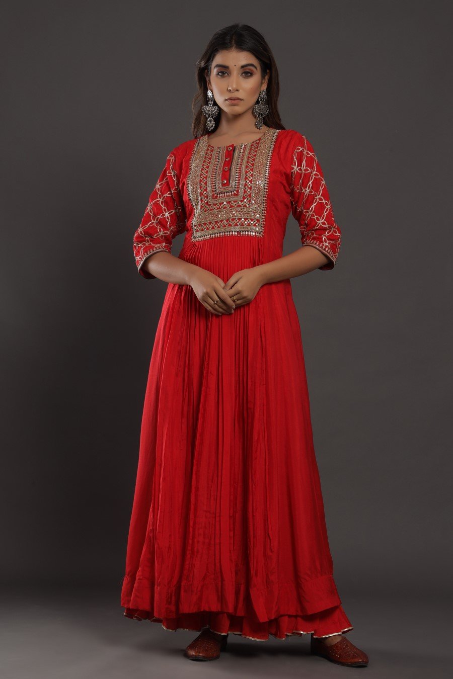 Red Colour Chanderi Silk Kalidar Kurta With Embroidery