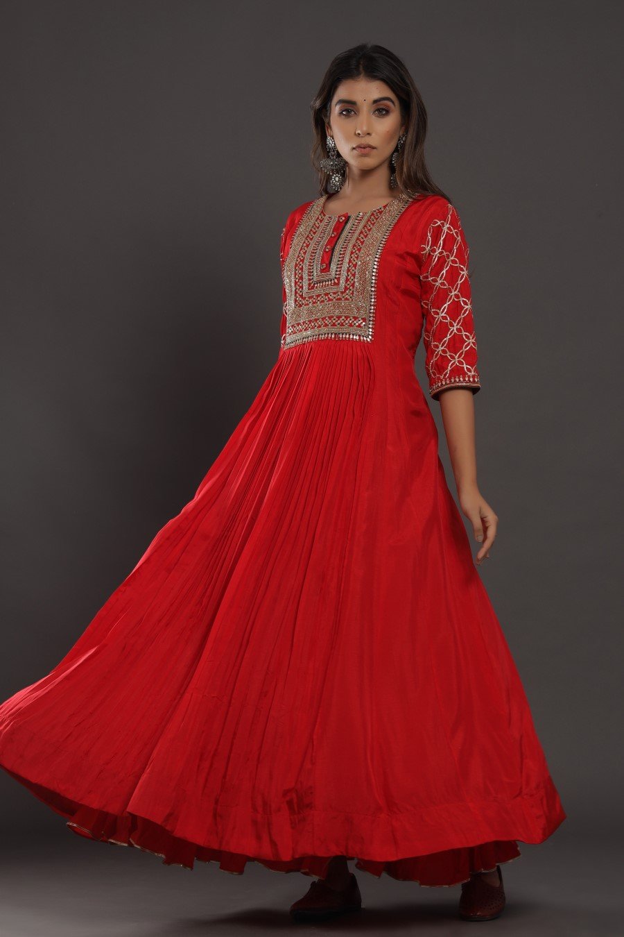 Red Colour Chanderi Silk Kalidar Kurta With Embroidery
