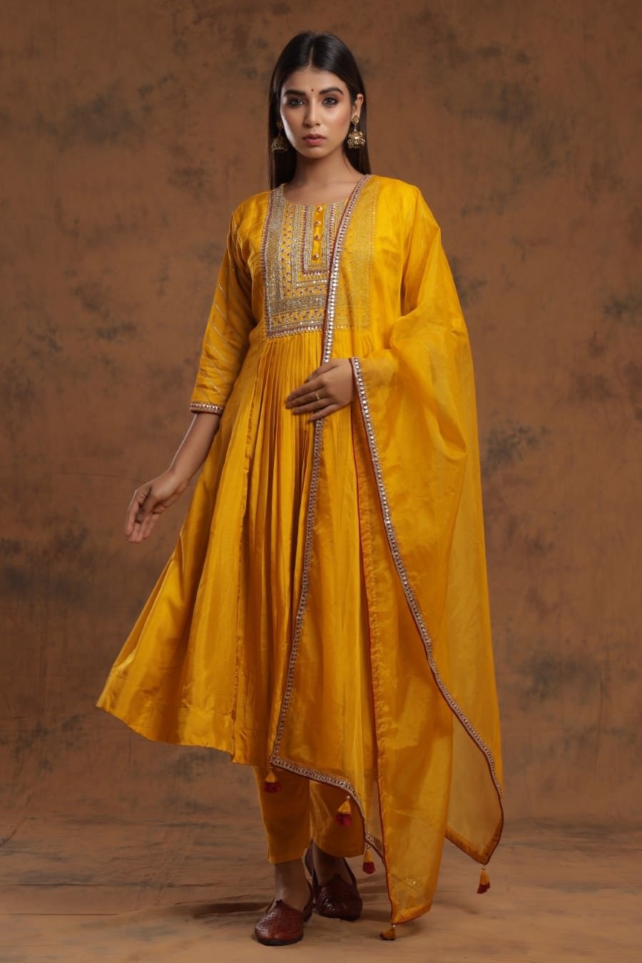 Mustard Yellow Chanderi Silk Kurta Pant Set With Embroidery