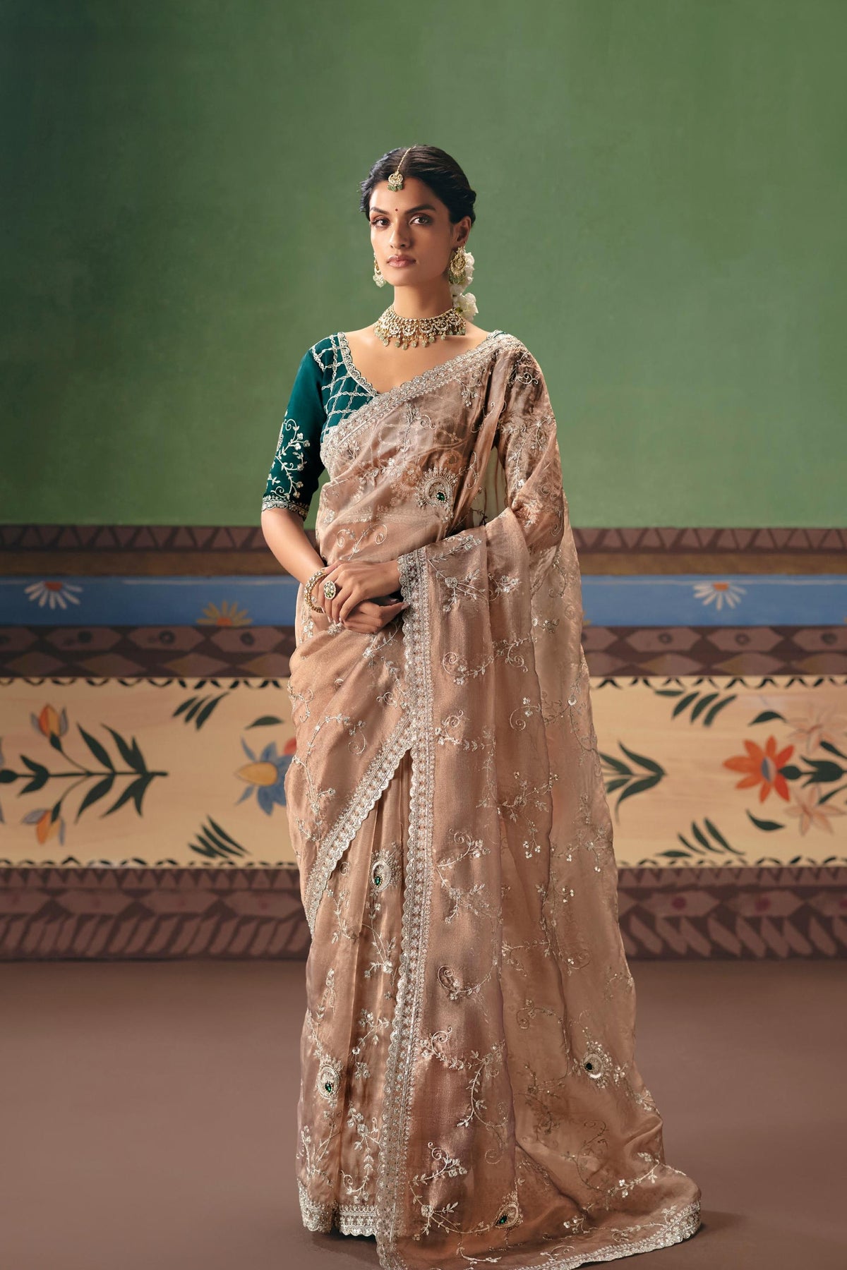 Champagne Teal Embellished Tissue Organza Silk Saree