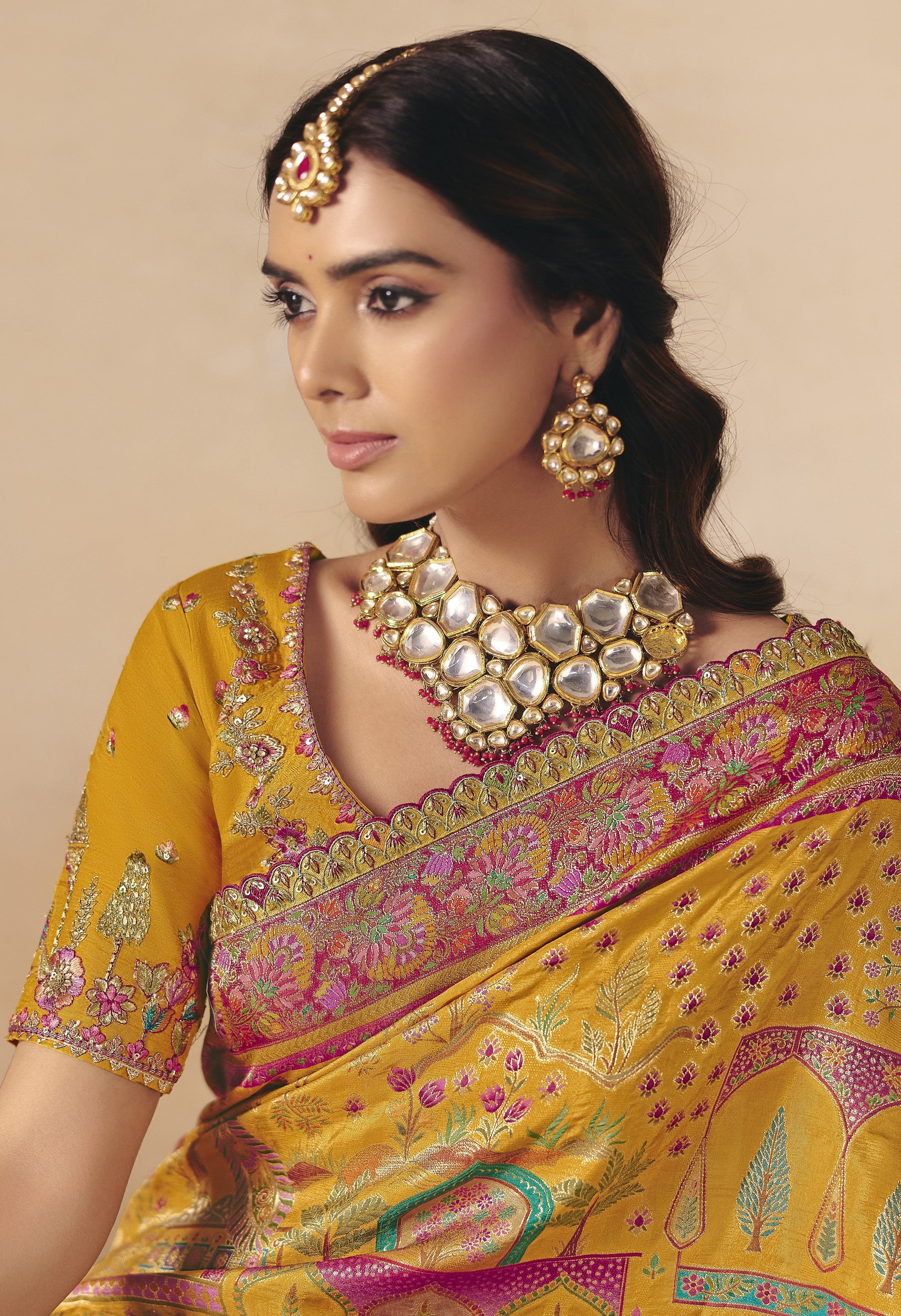 Mustard Gold Embellished Dola Silk Saree